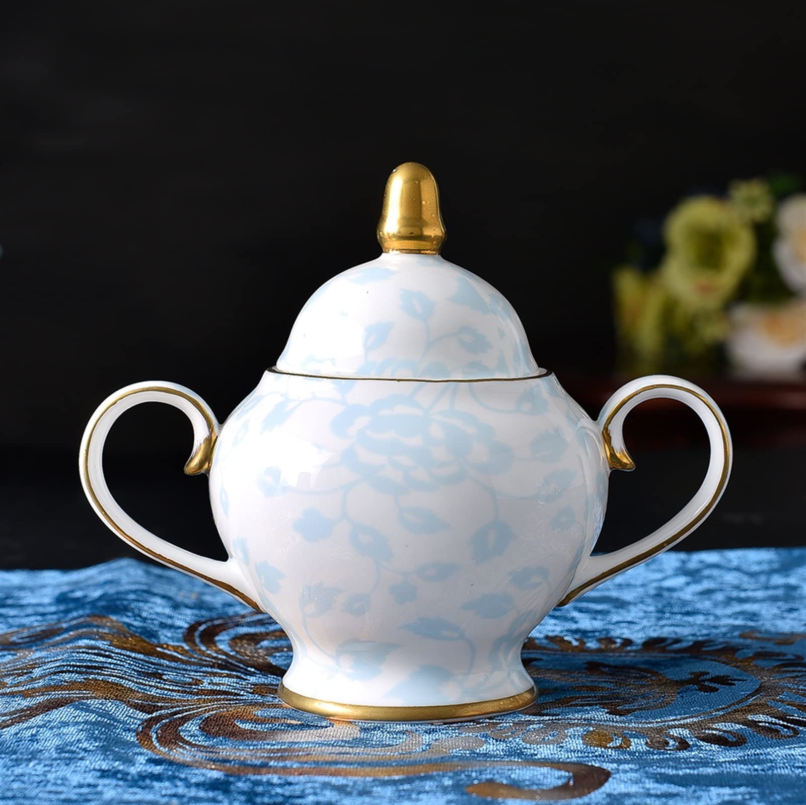 Pot de Sucre Céramique Domestique Jar à Sucre avec Couvercle Or Ligne Bleu Fleur Motif Design os Chine Bol de Sucre for Cube de Sucre Bol à Sucre