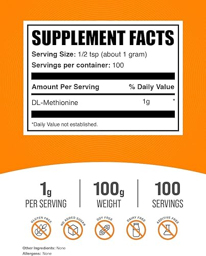 Miniatura 2 de BulkSupplements com DL-metionina en polvo - Suplemento de metionina - Suplemento de aminoácidos - Suplementos de colina - Suplementos nutricionales
