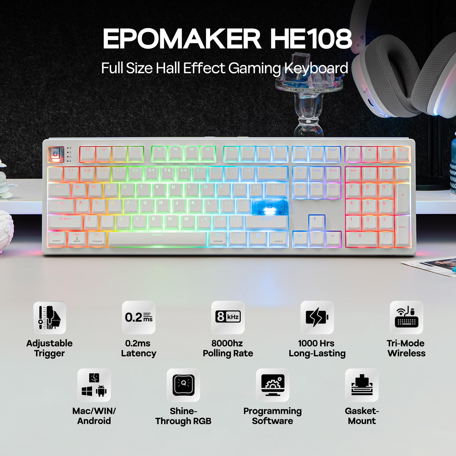 EPOMAKER HE108 Teclado para Juegos de Efecto Hall, 8K de Sondeo y 128K de Escaneo, 10000mAh&2.4GHz/BT, Hot Swap, Tamaño Completo, Actuación Ajustable, Disparo Rápido, RGB, Gasket, Teclas PBT (Blanco)