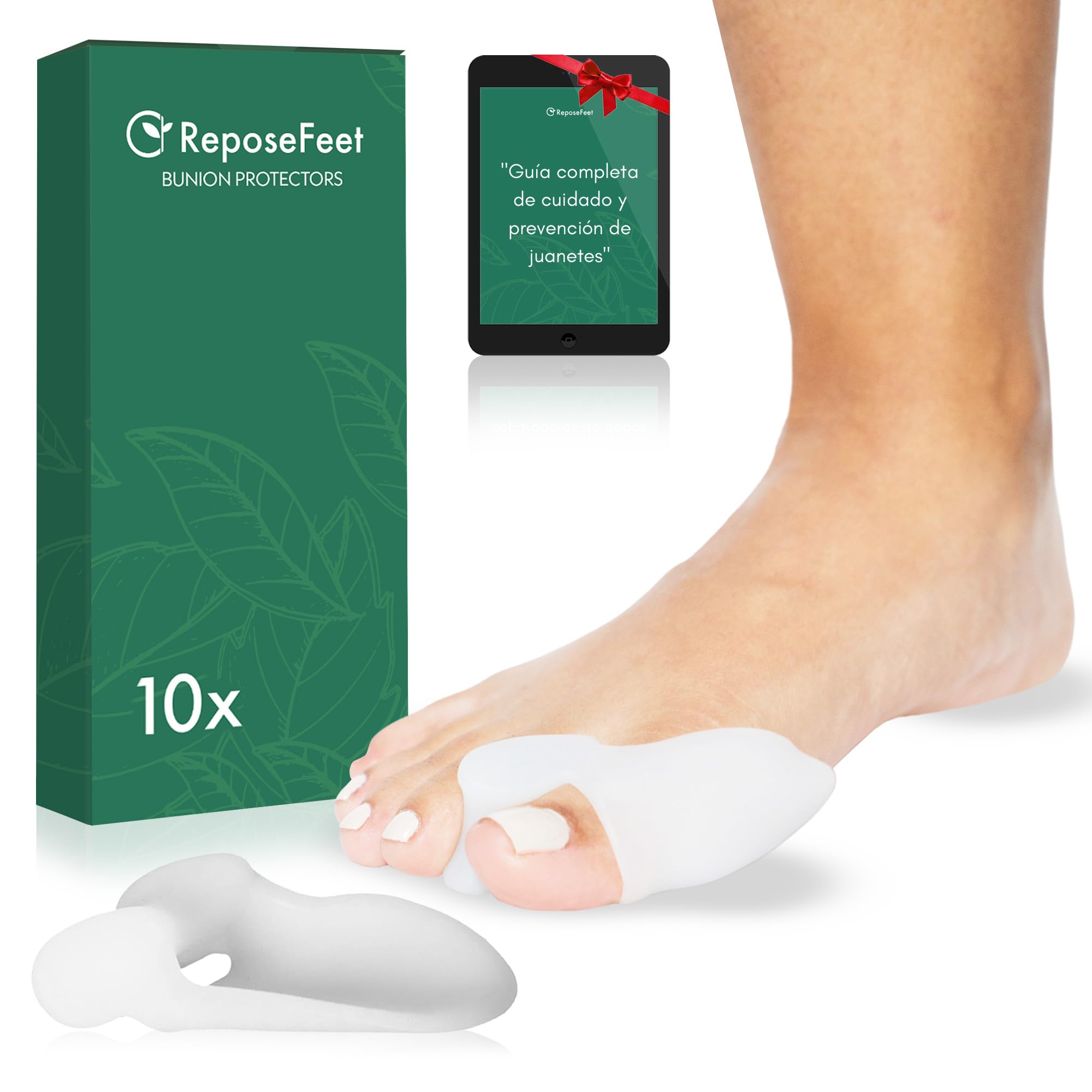 ReposeFeet [10x] (5 pares) Protector de Juanetes de Silicona - Corrector de Juanetes Mujer - Juanetes Corrector Nocturno y Dia - Juanetes Corrector Alivio Dolor -Protector Separador Dedos Pie (Blanco)