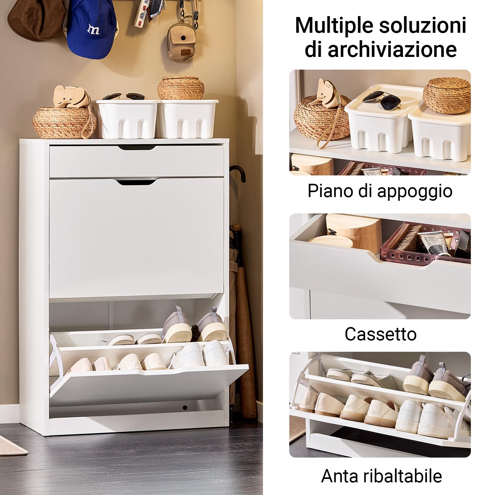 SoBuy Scarpiera Salvaspazio Slim con Cassetto, Scarpiera Bianca, Moderna e Pratica, Facile da Montare, Ideale per Spazi Ridotti - Bianco, 60x30x90 cm - Modello FSR180-W