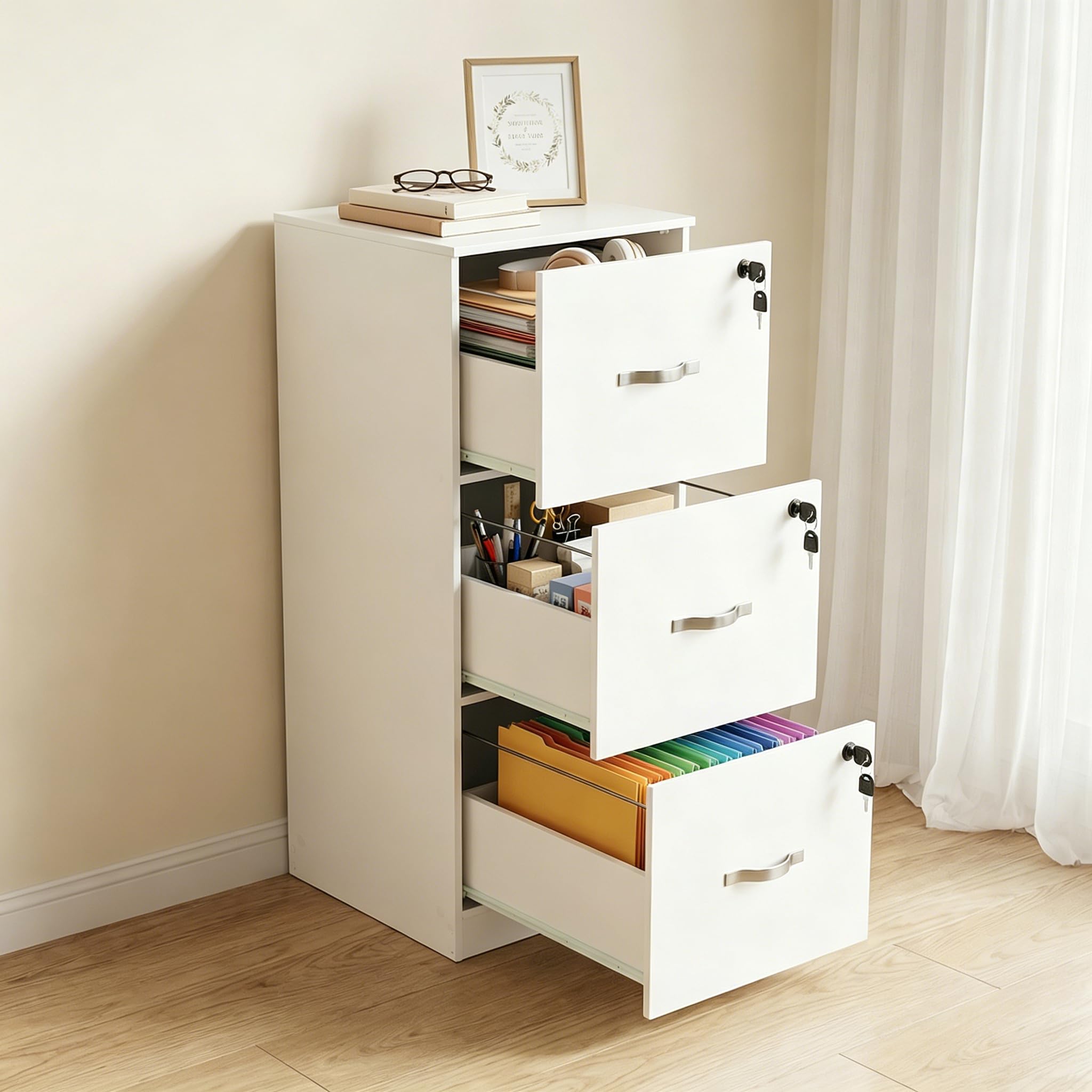 Aktenschrank Abschließbar, Büroschrank Holz mit 3 Schubladen, Schubladenschrank Druckerschrank, Hängeregisterschrank für A4/Letter/Legal-Format, Mehrzweckschrank 40 cm Breit, Weiß