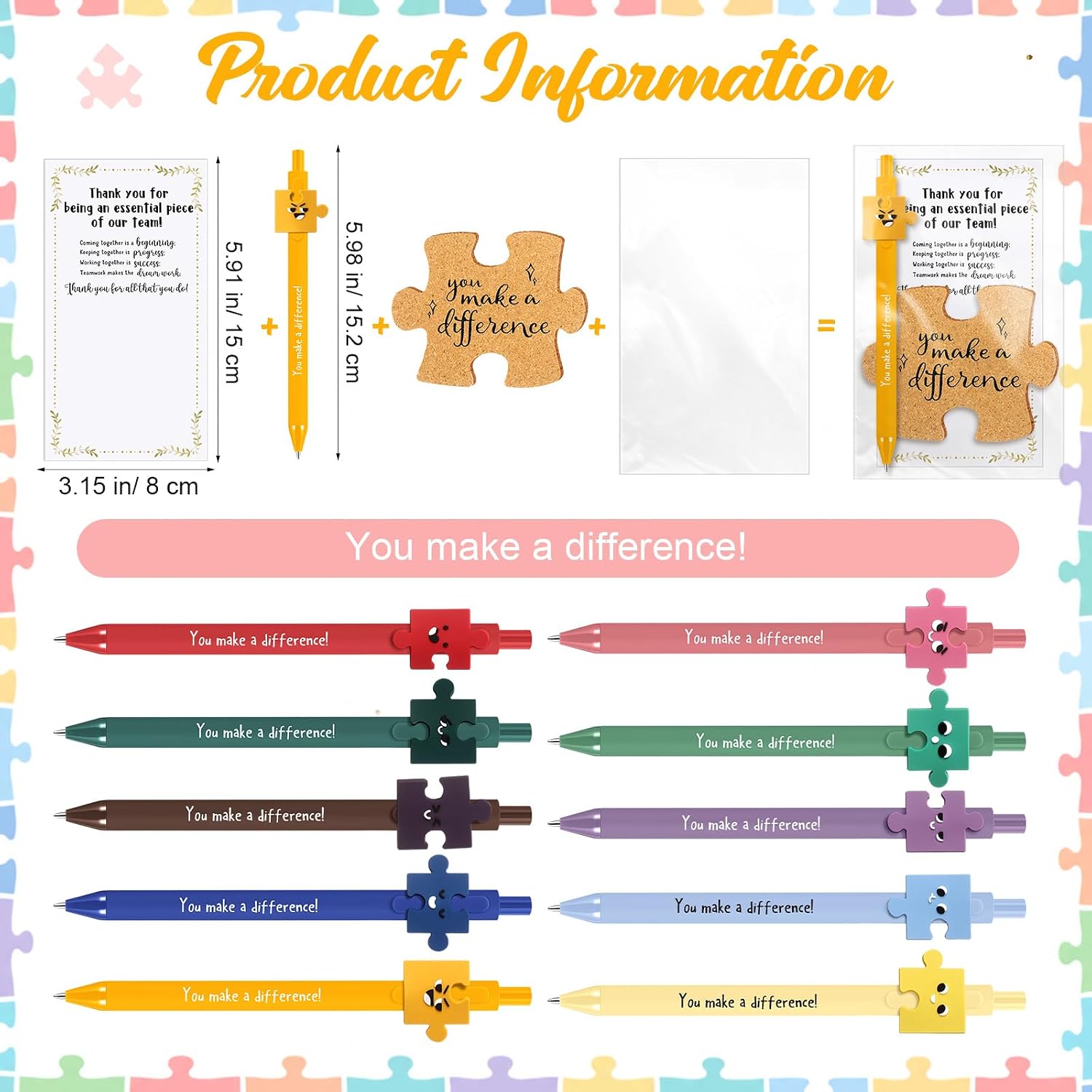 Hushee 32 Sets Back to School Gift Bulk 10 Style Motivational Funny Ballpoint Pen Inspirational Puzzle Coaster Cork Drink Cup Mat with Thank You Card for Employee Staff Office (Difference)