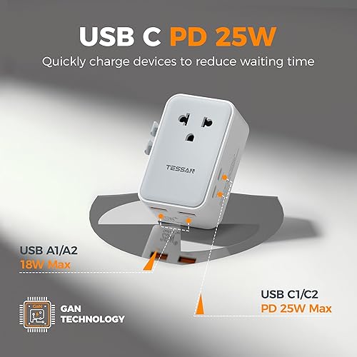 Miniatura 4 de TESSAN Adaptador de viaje universal PD 25W, adaptador de corriente internacional ultrafino con 2 USB A 2 USB C cargador rápido, convertidor de