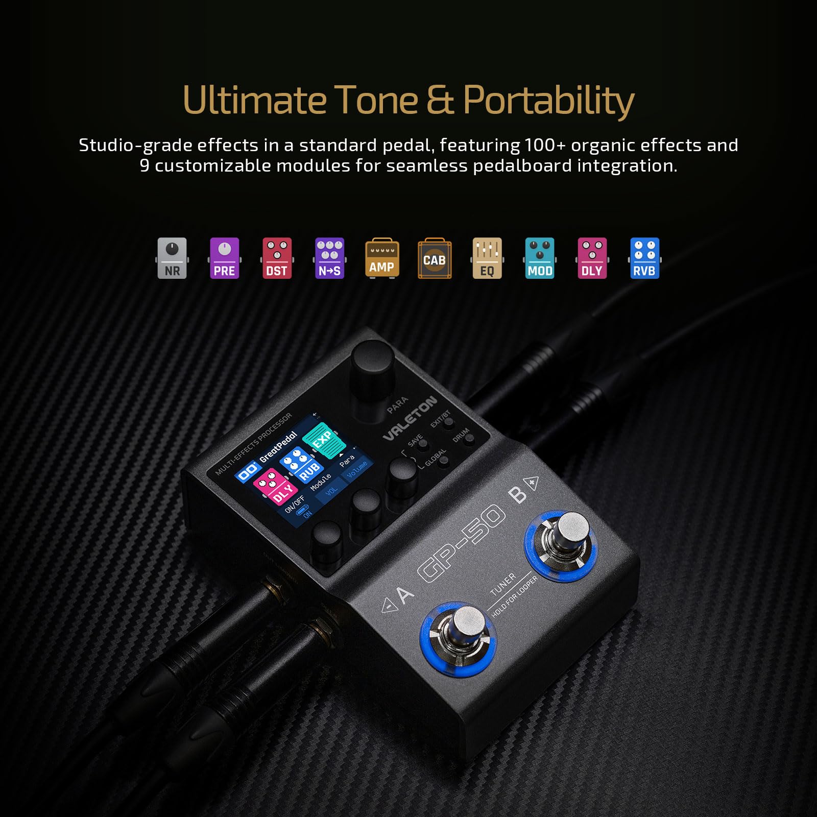 VALETON Multieffekt-Prozessor & NAM/IR Loader mit 100+ HD Effekten, 9 Module gleichzeitig, BT-App, 100 Patch-Slots für Gitarre & Bass GP-50