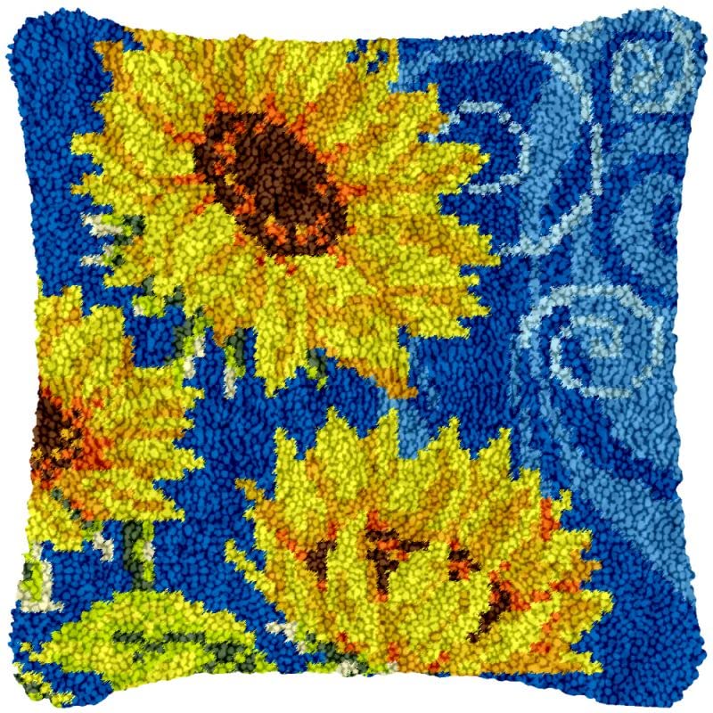 Sunflower Latch Hook Kits Pillow Cover for Beginner Color Printed Canvas Yarn Crocheting Cushion DIY Hook and Latch Pillowcase Sofa Decoration 43x43cm
