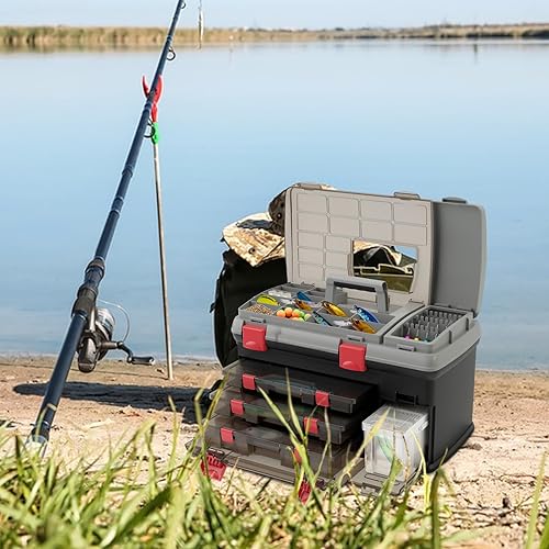 Miniatura 8 de Caja de aparejos de 5 capas, organizador de aparejos de pesca con almacenamiento superior, 3 cajas de utilidad extraíbles y separadores ajustables,