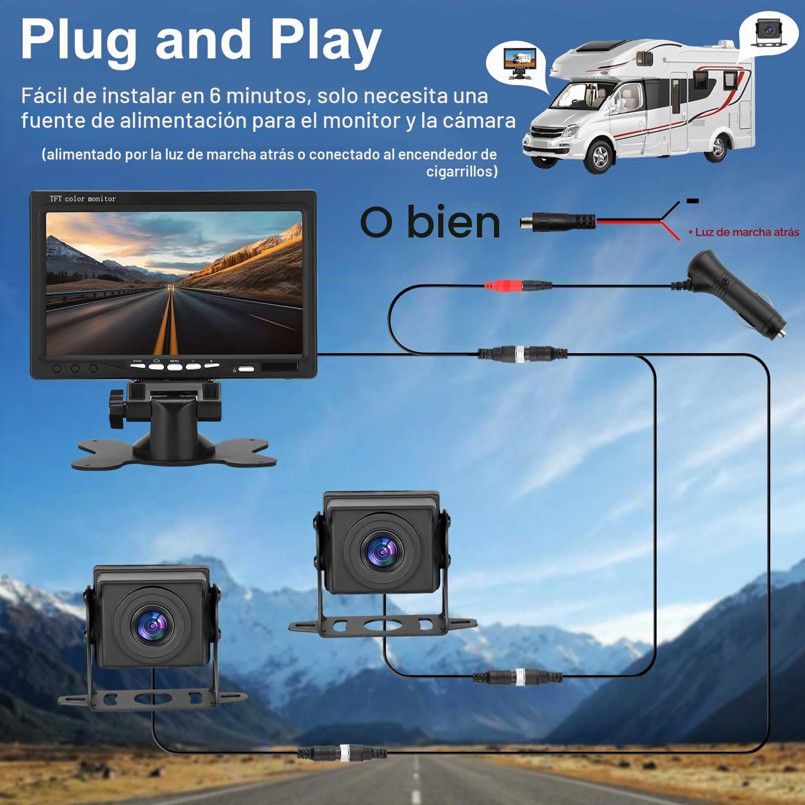 Juego de cámara de visión Trasera Dual con Monitor HD de 7 Pulgadas, visión Nocturna Impermeable IP69, con Cable de 5m/10m/15m para Camión/Remolque/Bús/Van/RV.