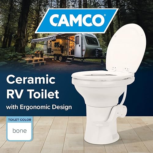 Miniatura 2 de Camco Inodoro de cerámica prémium para cámper o caravana, cuenta con sistema de descarga por gravedad con práctico pedal de pie, diseño ergonómico