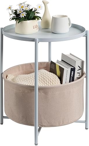 danpinera Mesa auxiliar redonda con cesta de almacenamiento de tela, mesita de noche pequeña de metal con bandeja extraíble para sala de estar,