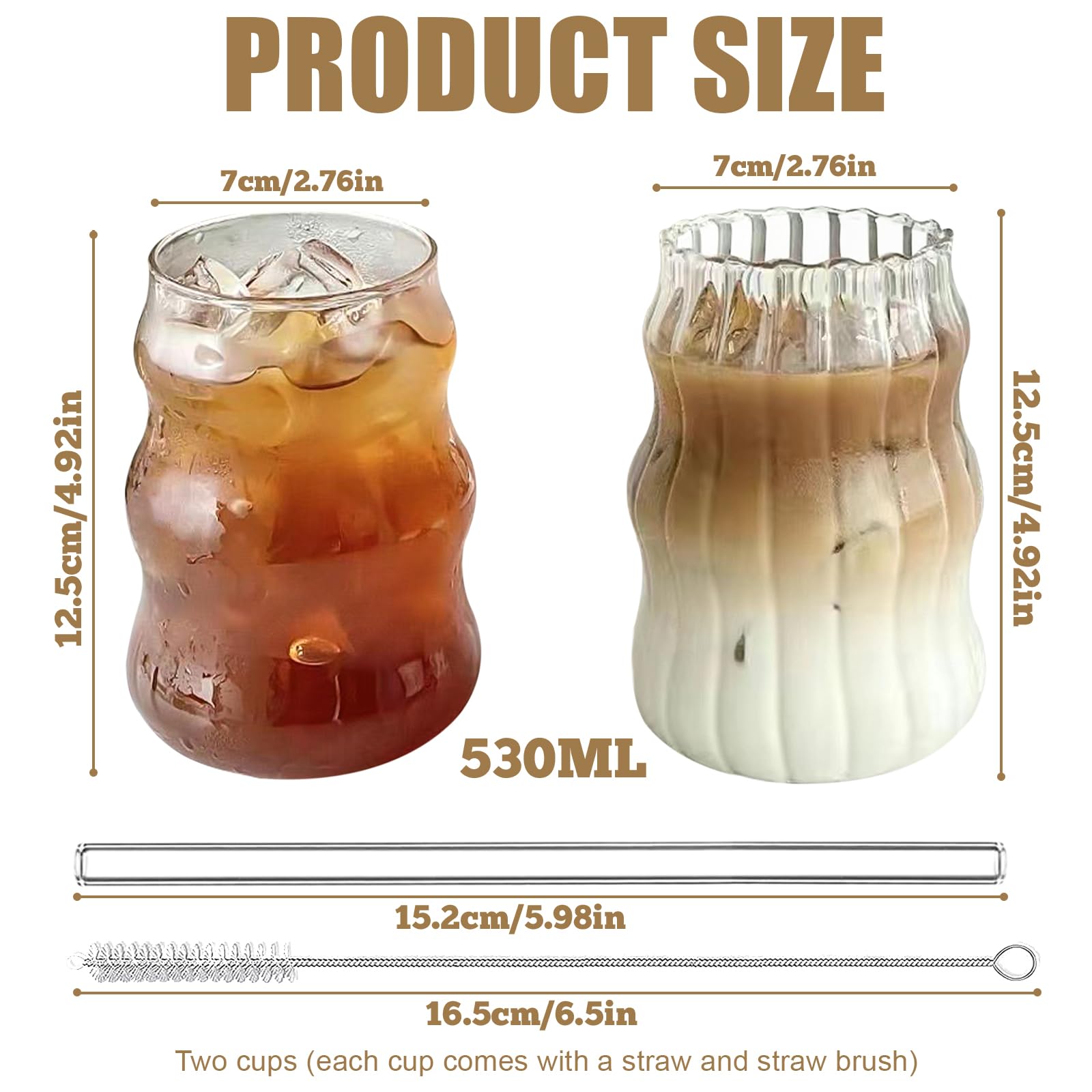 BAIFULAI - Lot De 2 Verres Ondulés 530ml Avec Paille Et Brosse - Style Rétro