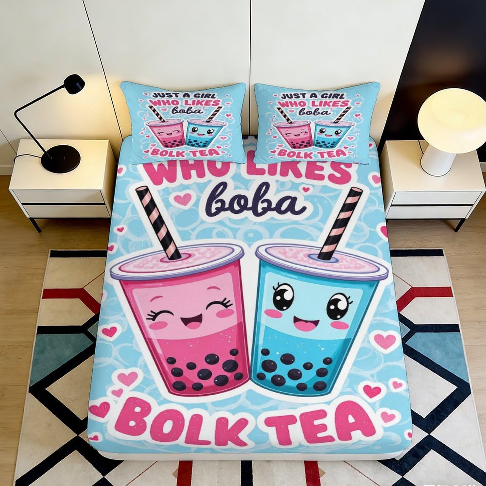 3D Printed Cute Boba Tea Fitted Sheet Microfiber Non-Slip Cartoon Bubble Tea Mattress Cover for Bedroom Dorm Easy Care 90x200x25cm