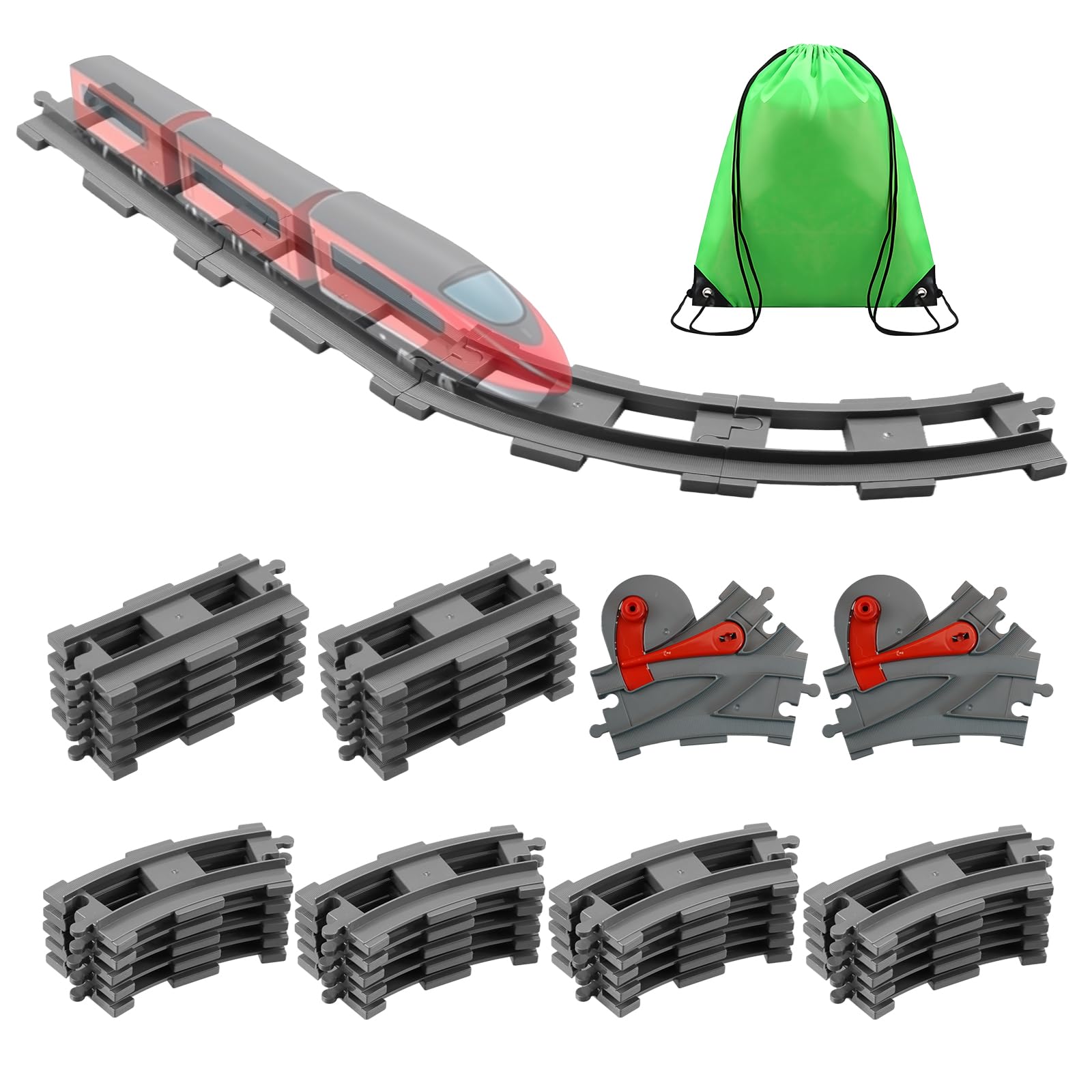 City Set di Binari, 32 Pezzi Treno Binari ferroviari giocattolo,Comprendere 10 Binari Dritti, 20 Binari Curvi, 2 Cambio Ferroviario,City Binari Idee Regalo per Ragazzi, Ragazze e Bambini