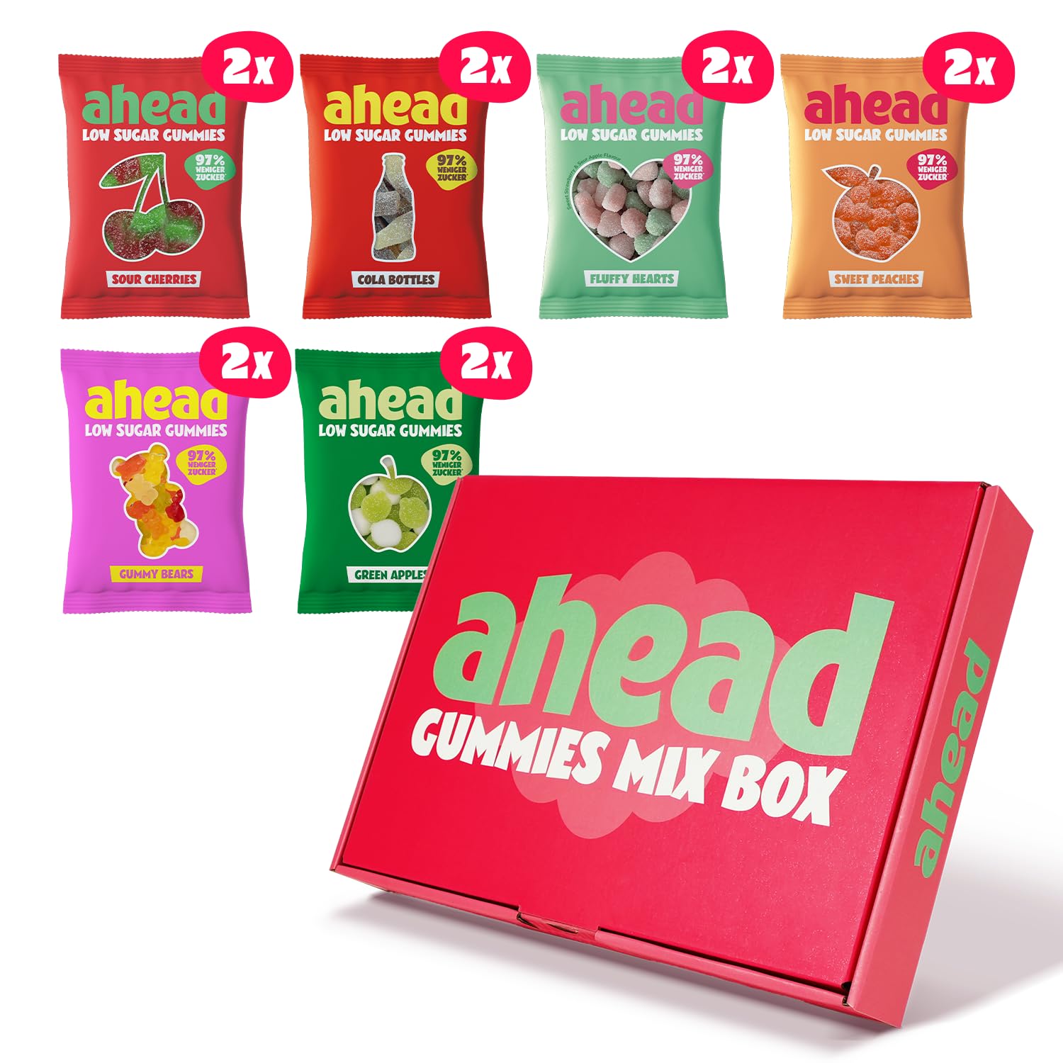 ahead Fruchtgummis Probierpaket 12 x 50g Großpackung | Gummibärchen ohne Zuckerzusatz | Nur 1g Zucker & 73 kcal pro Packung | Low Carb Süßigkeiten