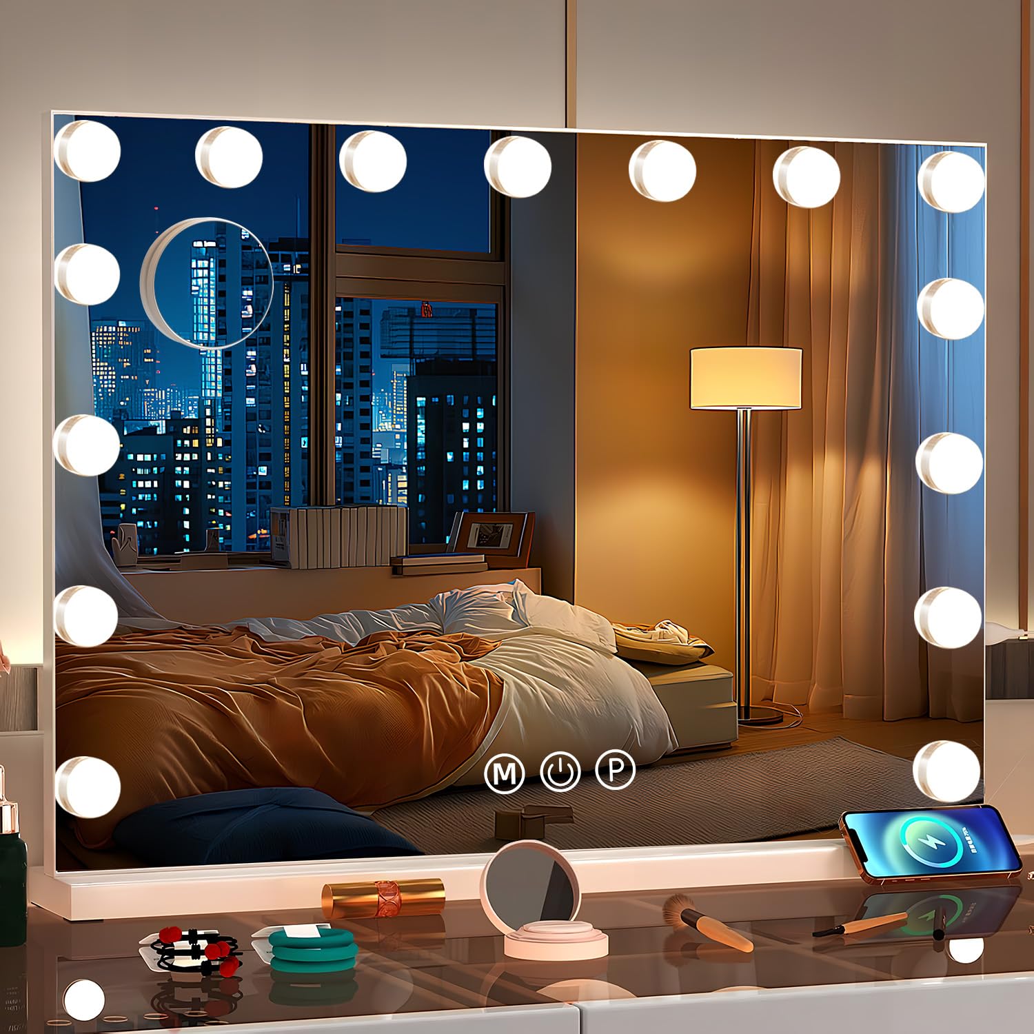 Genérico Espejo de Maquillaje con Luz LED, 3 Temperatura de Color, 15 Bombillas, Ajustable, Control Táctil, Enchufar, 58x46 cm, Montaje en Mesa y Pared, Carga USB