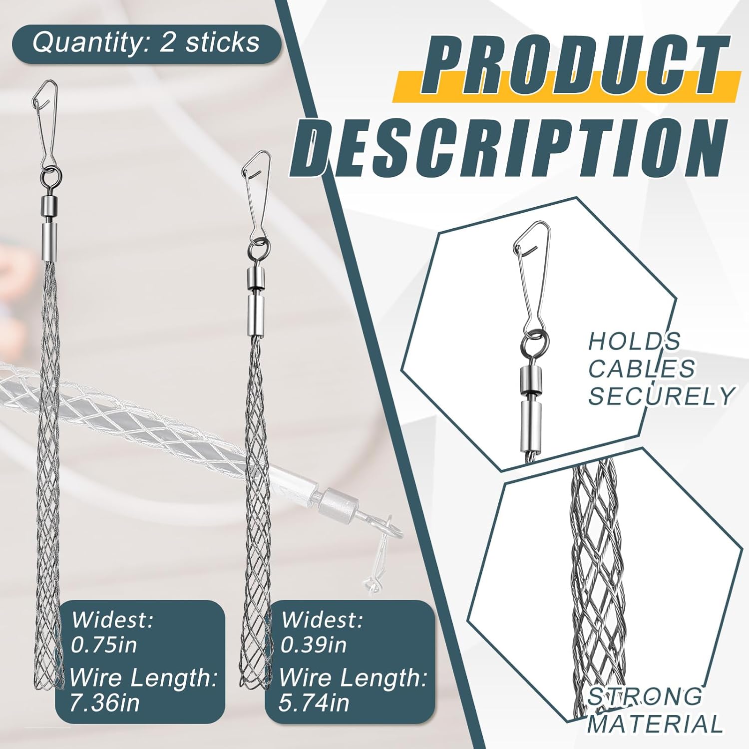 Gisafai 2 Pcs 1/2 in and 3/4 in Wire Pulling Grip Mesh Metal Cable Puller Socks Wire Tools for Electrical Grips Light and Heavy Cables - Image 2