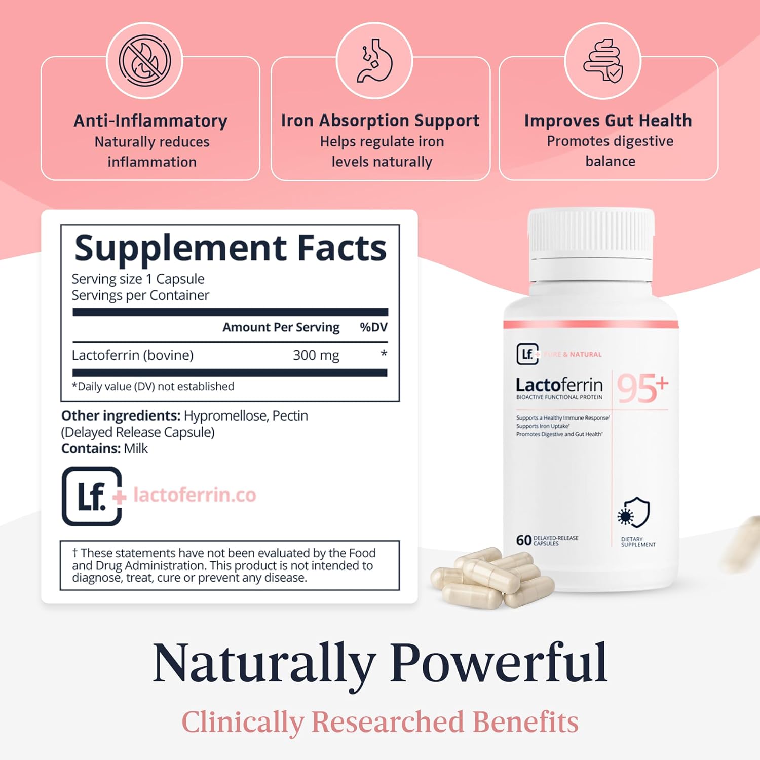 Supplement 300mg – 95%+ Pure Bovine Capsules – Delayed Release for Immune Support, Gut Health & Iron Metabolism – 60 Count