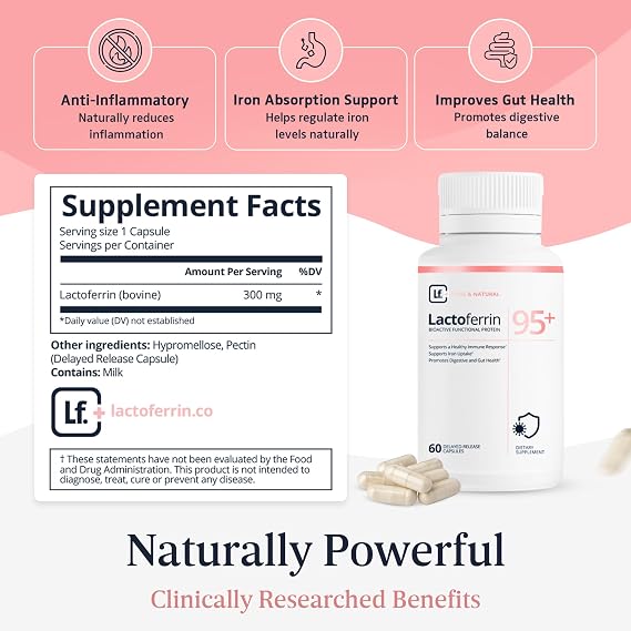 Supplement 300mg 95%+ Pure Bovine Capsules Delayed Release for Immune Support, Gut Health & Iron Metabolism 60 Count