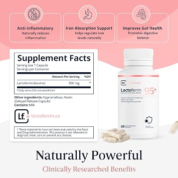 Supplement 300mg 95%+ Pure Bovine Capsules Delayed Release for Immune Support, Gut Health & Iron Metabolism 60 Count