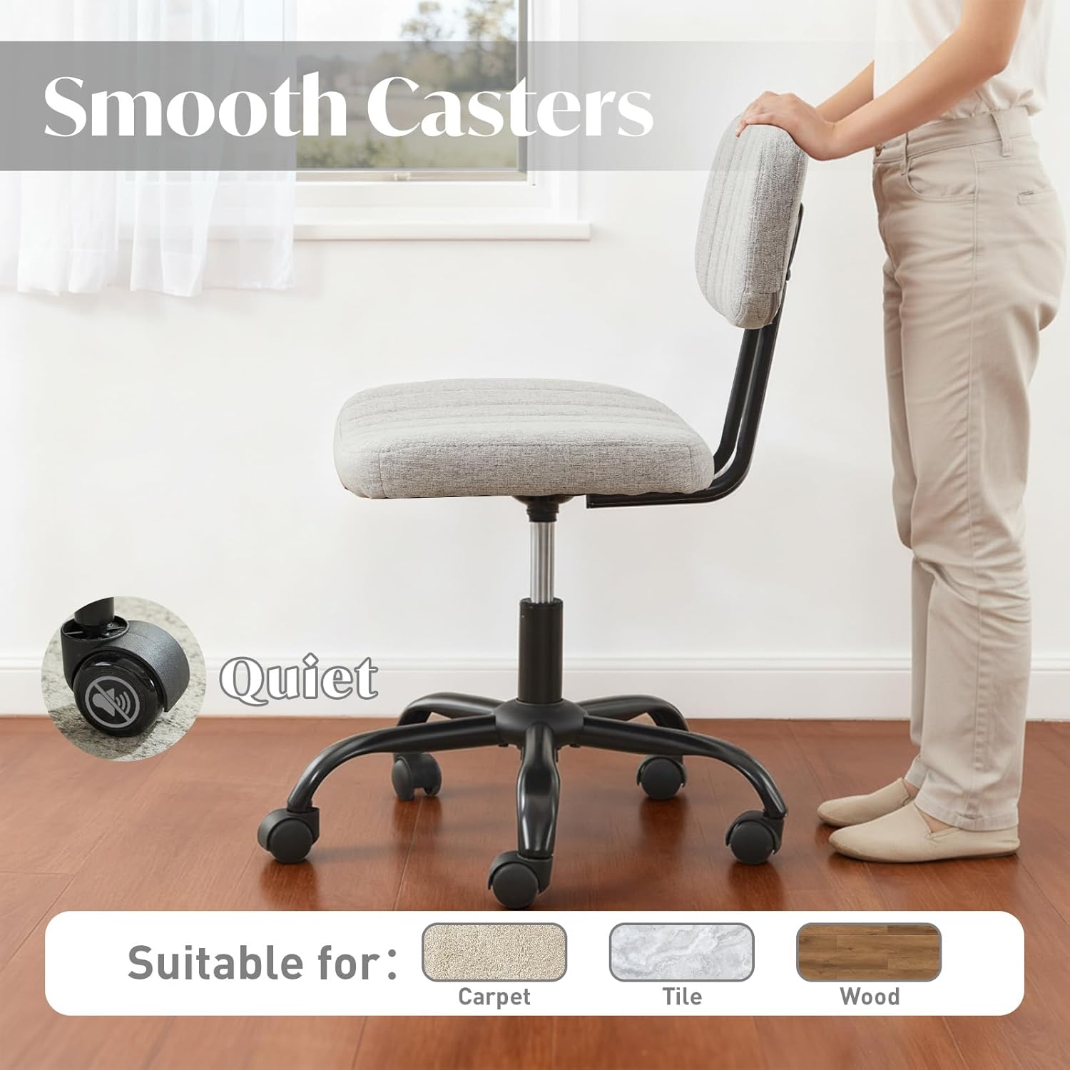 BINGTOO Gray Armless Office Chair with Wheels, Linen Fabric Small Computer Desk Chair, Adjustable Height Swivel Task Chair with Higher Back for Home Office, Bedroom, Vanity