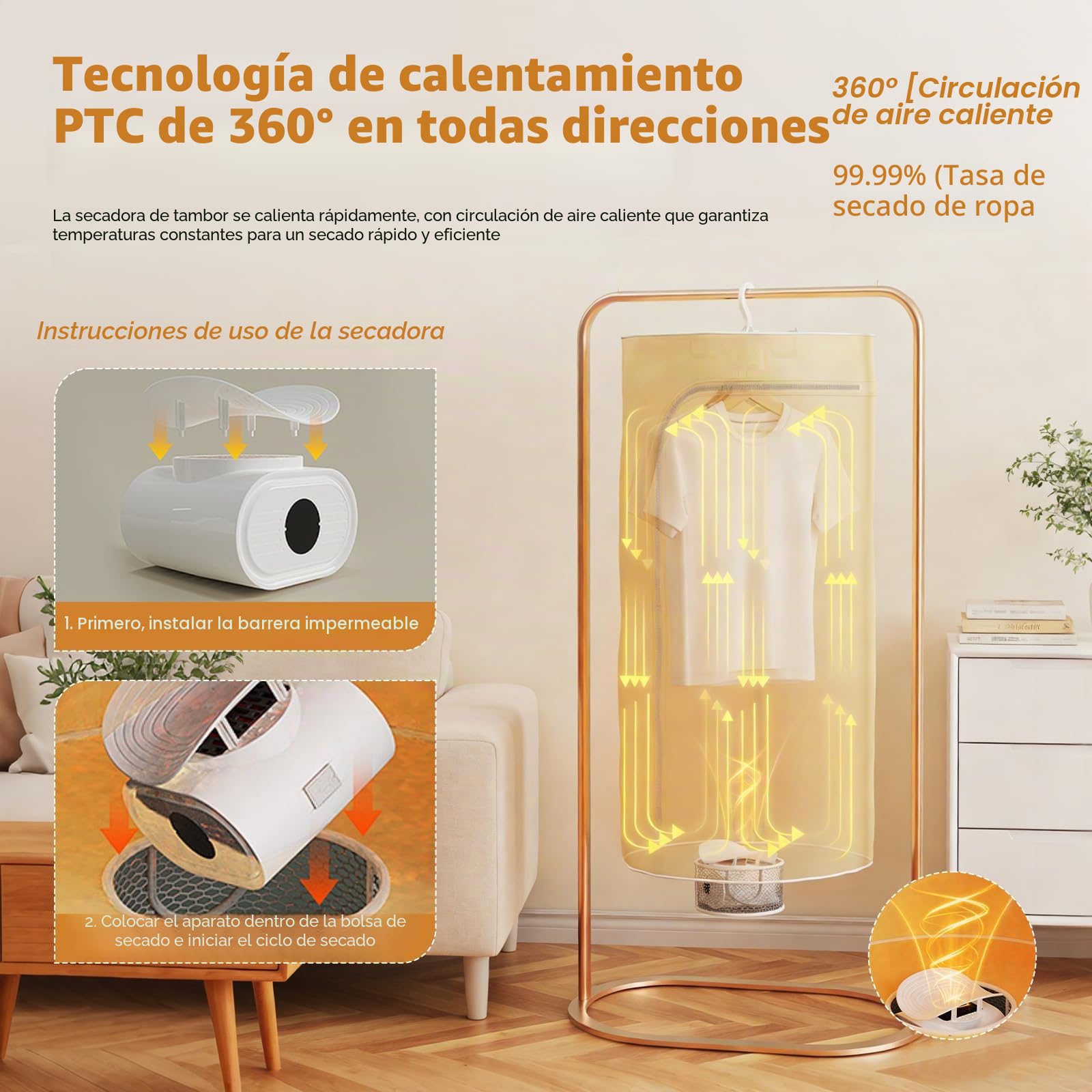 Secador de ropa 3 en 1 con calefacción PTC – Secadora de zapatos y secadora de ropa y calefactor | 600 W con aire caliente 360° | Capacidad de hasta 10 kg | Incluye bolsa seca y mando a distancia