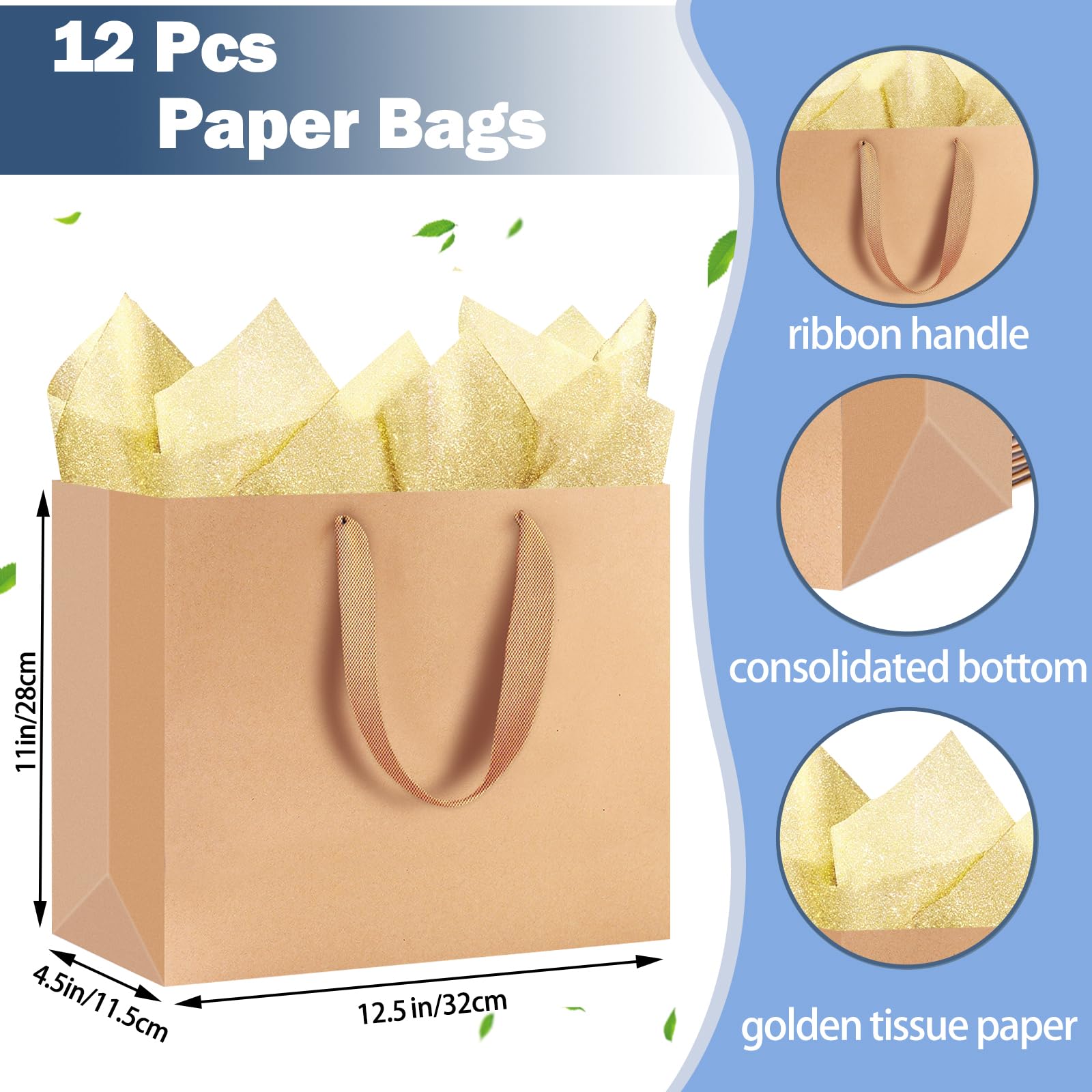 SHIPKEY 12 dużych brązowych torebek prezentowych, torebki typu kraft ze złotym papierem, 32 x 11,5 x 28 cm, papierowe torebki z uchwytami, 12 szt