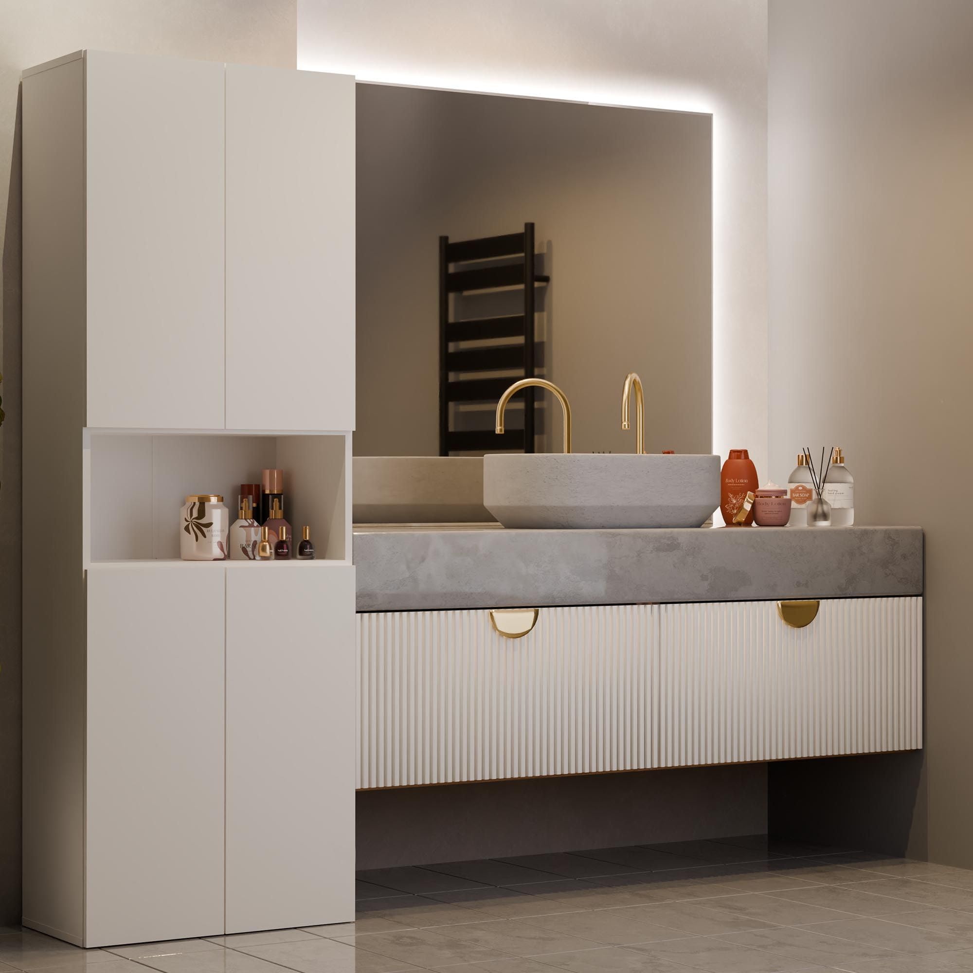 CDF Badezimmerschrank Bad Schrank Mit Wäschekorb Kashmir Badschrank Mehrzweckschrank Badregal Stehend Hochschrank Offene Regale Tür Bodenschrank Allzweckschrank 1 Wäschekorb 174x60x30