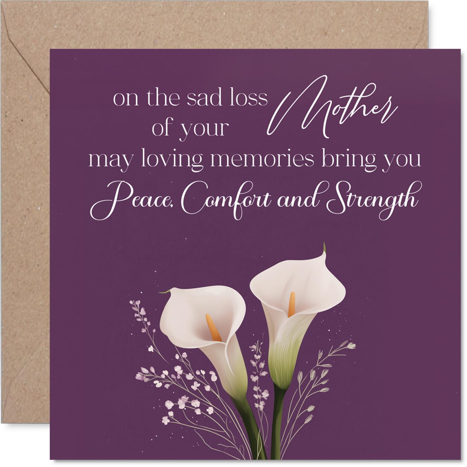 Comforting Sympathy Card - Loss of Mother - Gentle Words in a Time of Loss - Elegant Calla Lilies on a Soothing Purple Backdrop - 145mm Square, Envelope Included