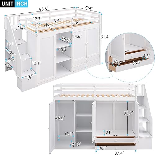Miniatura 2 de Quarte Cama tipo loft moderna y funcional de tamaño individual con 2 armarios y 2 cajones, cama alta de madera maciza con 3 estantes y escalera de