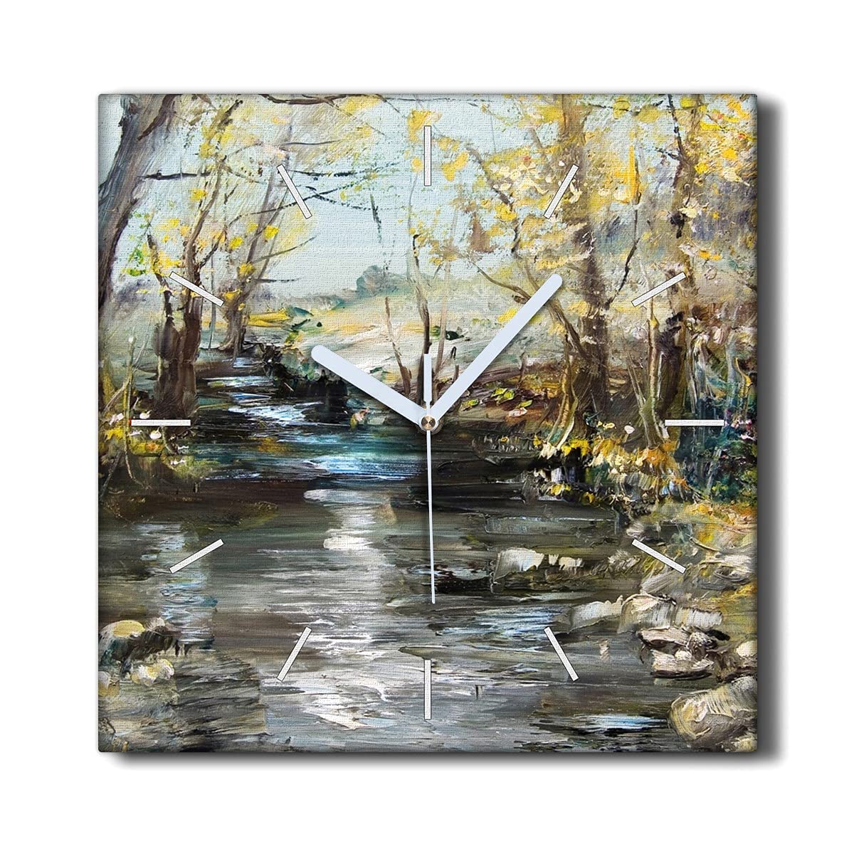 Horloge sur toile 30x30cm rivière pour un salon zen et sans tic-tac