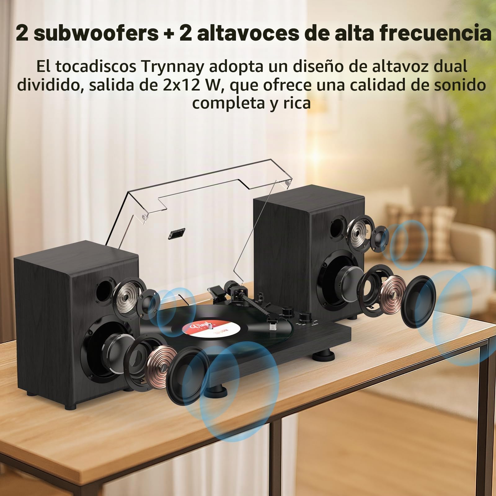 Tocadiscos con contrapeso Ajustable, Entrada/Salida Bluetooth, 33/45 RPM, Reproduce Discos de Vinilo de 7/10/12 Pulgadas, Sonido Hi-Fi para Amantes de la música de Vinilo, Negro