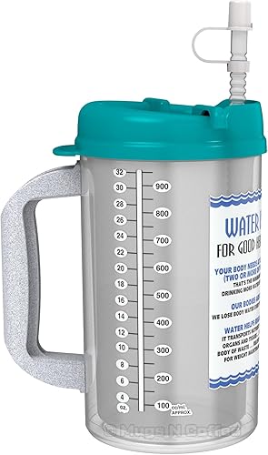 Taza de hospital aislada de 32 onzas con tapa verde azulado y pajita | Taza de viaje esencial para el agua