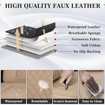 Coverado Front Seat Covers, Luxury Faux Leather Waterproof Seat Cover, Beige Car Seat Protector, Car Seat Cover Front Seats, Automotive Seat Covers Universal Fit for Most Cars (Front, Beige)
