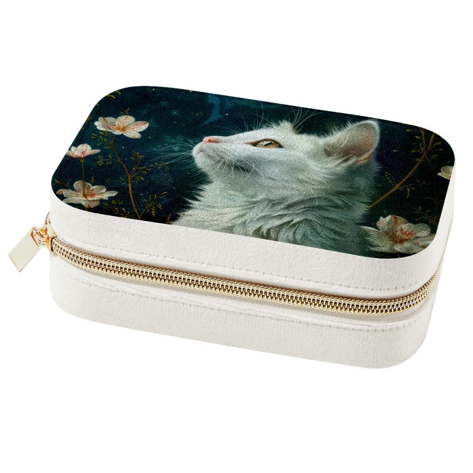 Boîte à bijoux chat blanc avec fleurs pour bagues et colliers
