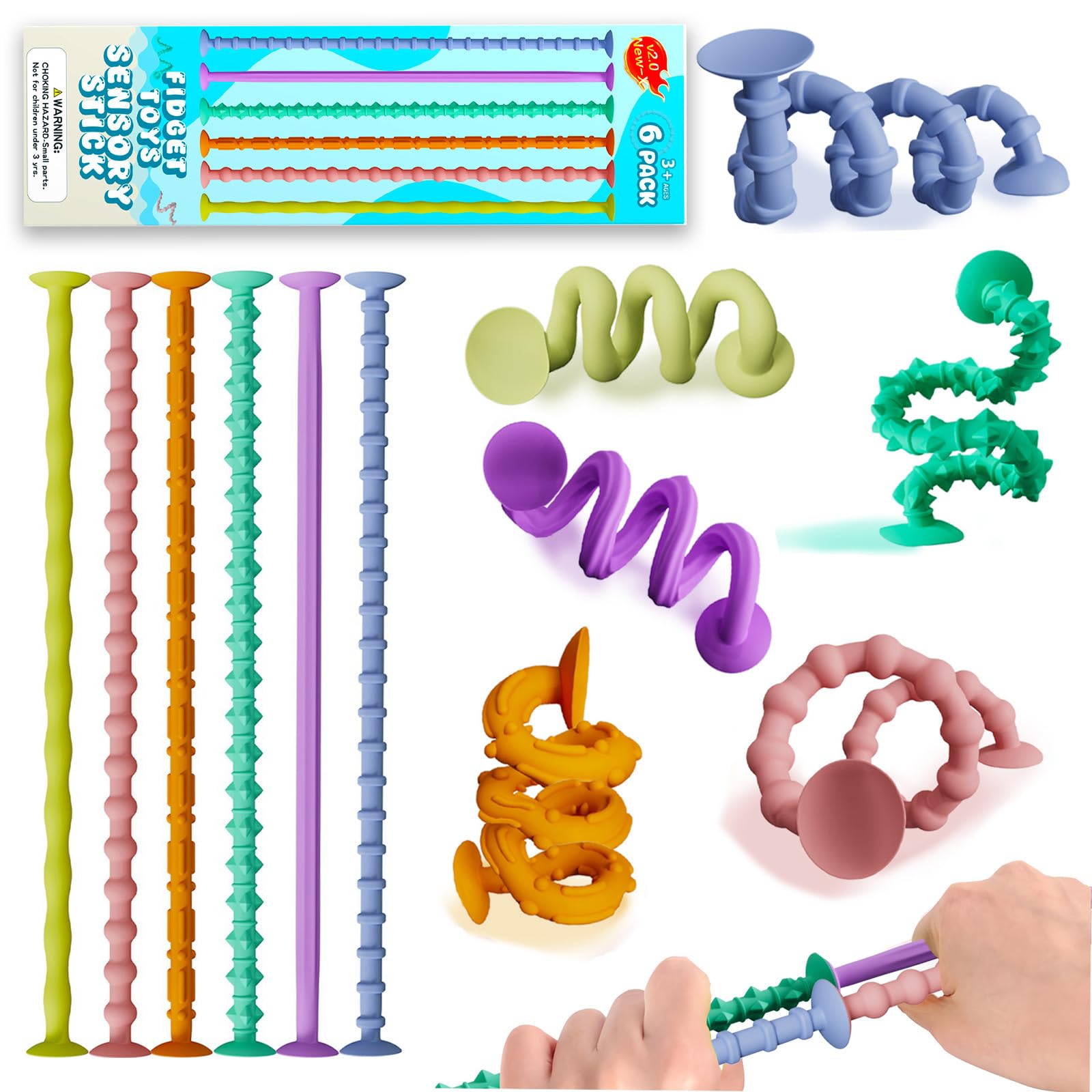 6PCS Sensory Stick Texture Fidget Toys for Kids Adults, Colorful Silicone Sensory Stick Toys with Suction Cup Soft Safe Transform Randomly Fun Adhd Anxiety Stress Relief Toy for School Home Travel