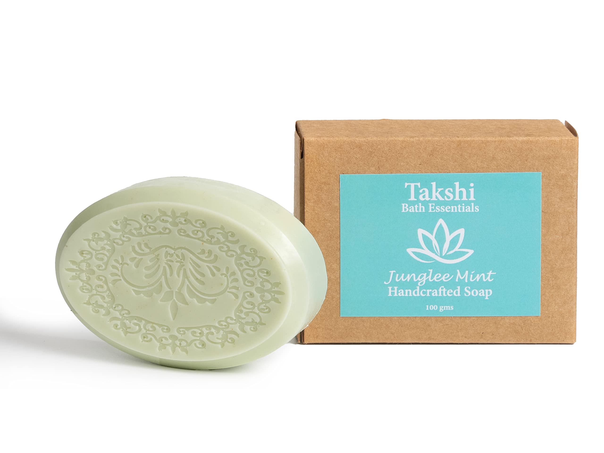 Takshi Bath EssentialsJunglee Mint. A 100gms handcrafted soap with pure essential oil, free from sulphates and paraben.