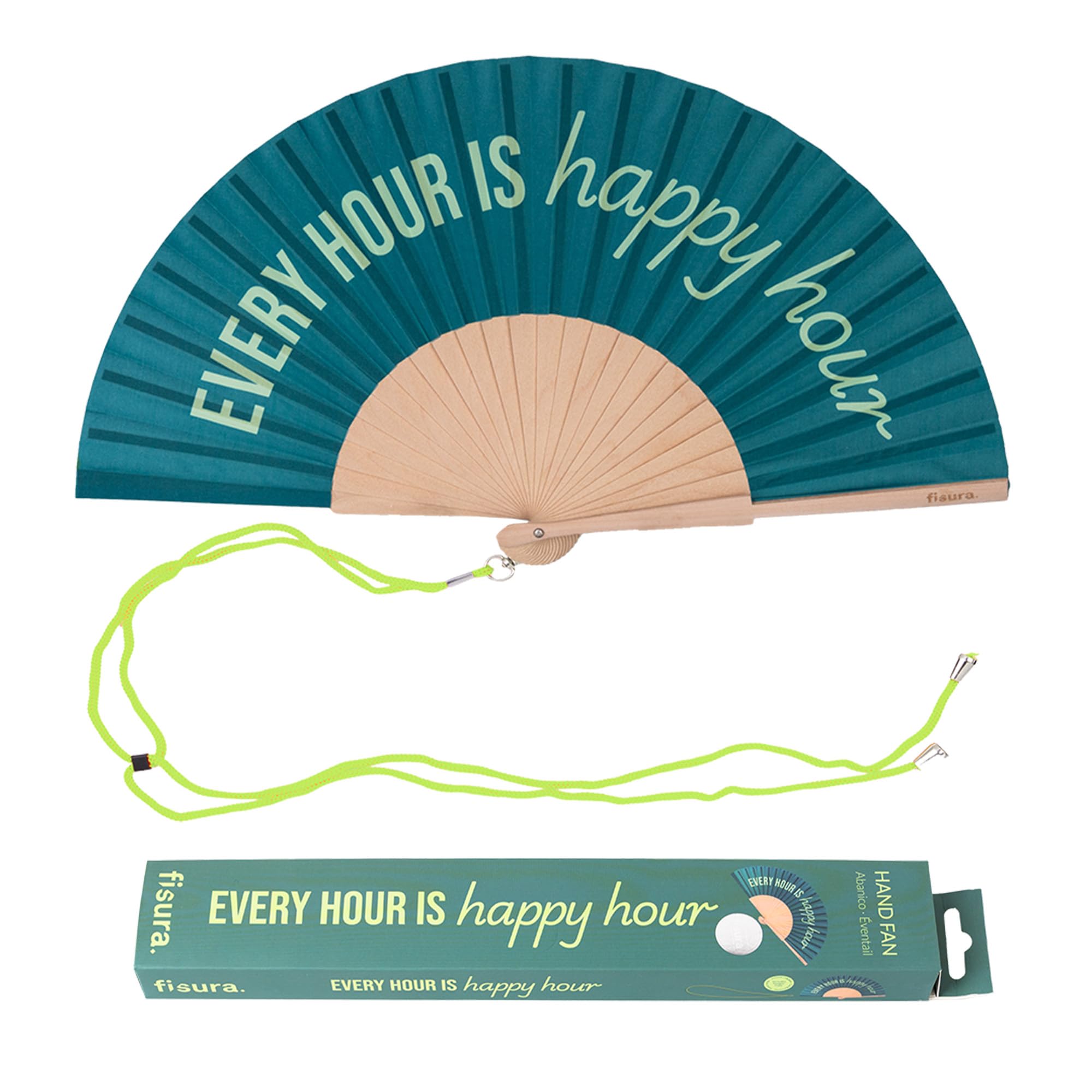 Fisura – Original Folding Handheld Fan with Fun Message “Every hour is a happy hour”. Wooden Folding Fan for women. Green Design with Hanger for Wedding, rave, festival. Size: 42.5 x 23 cm