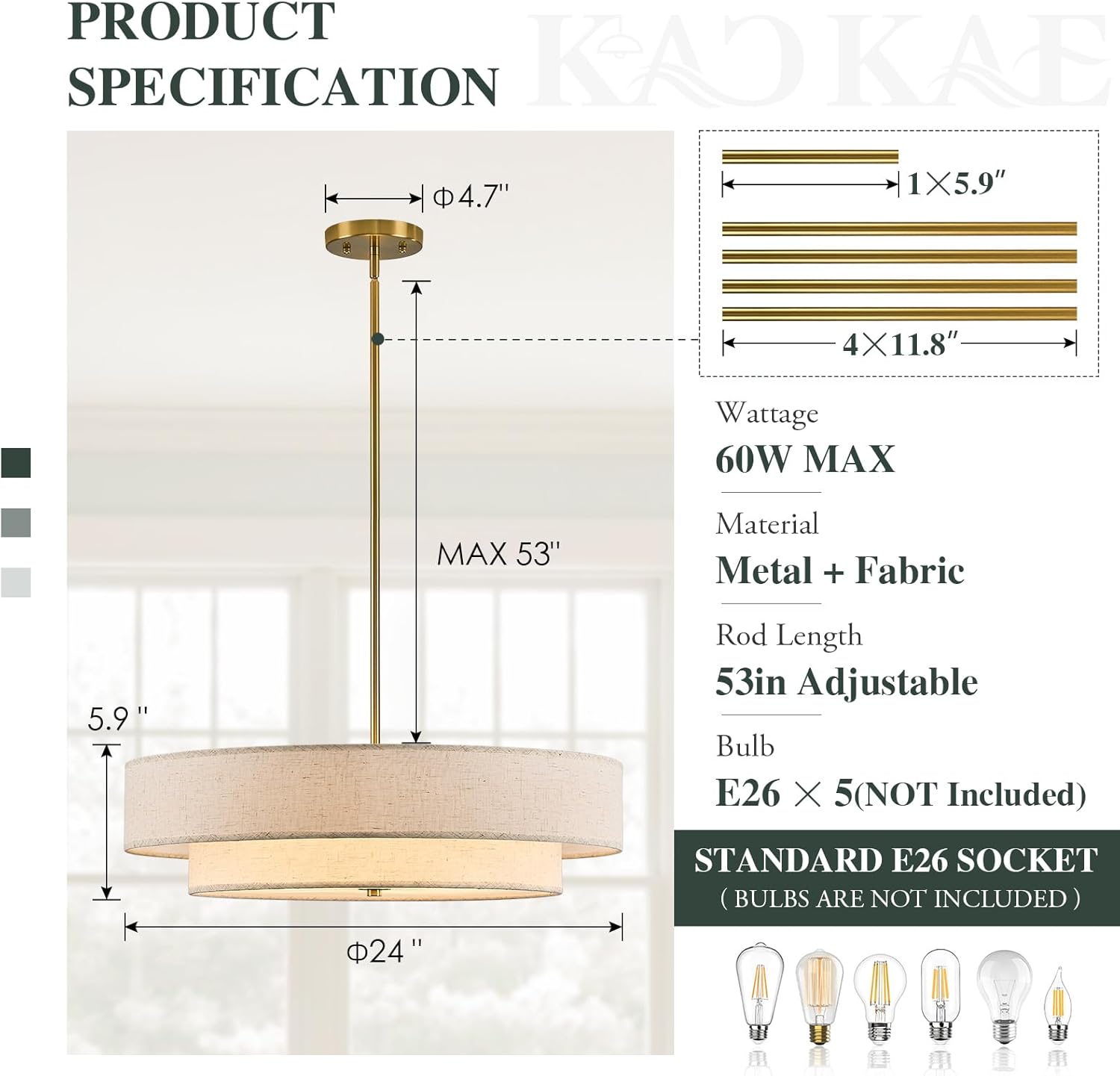 Gold Modern Chandelier 23.6'' Drum Chandeliers with 2-Layer Fabric Shade 5-Light Linen Pendant Light Fixture for Dining Room Bedroom Kitchen Hallway Foyer