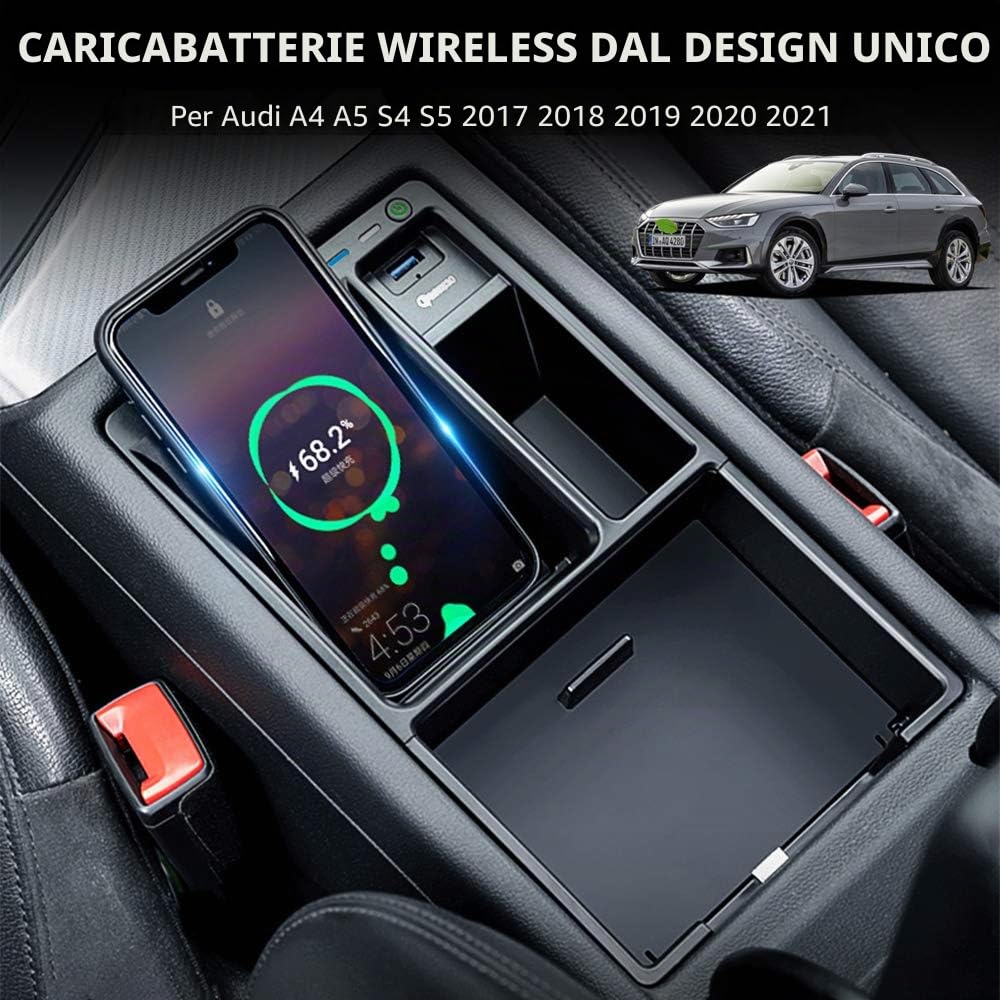 Caricatore Wireless Auto per Audi A4 A5 S4 S5 2017-2021 Pannello Degli Accessori Della Console Centrale 10W Rapida Ricarica Scatola di Immagazzinaggio Pallet Contenitore per iPhone Galaxy