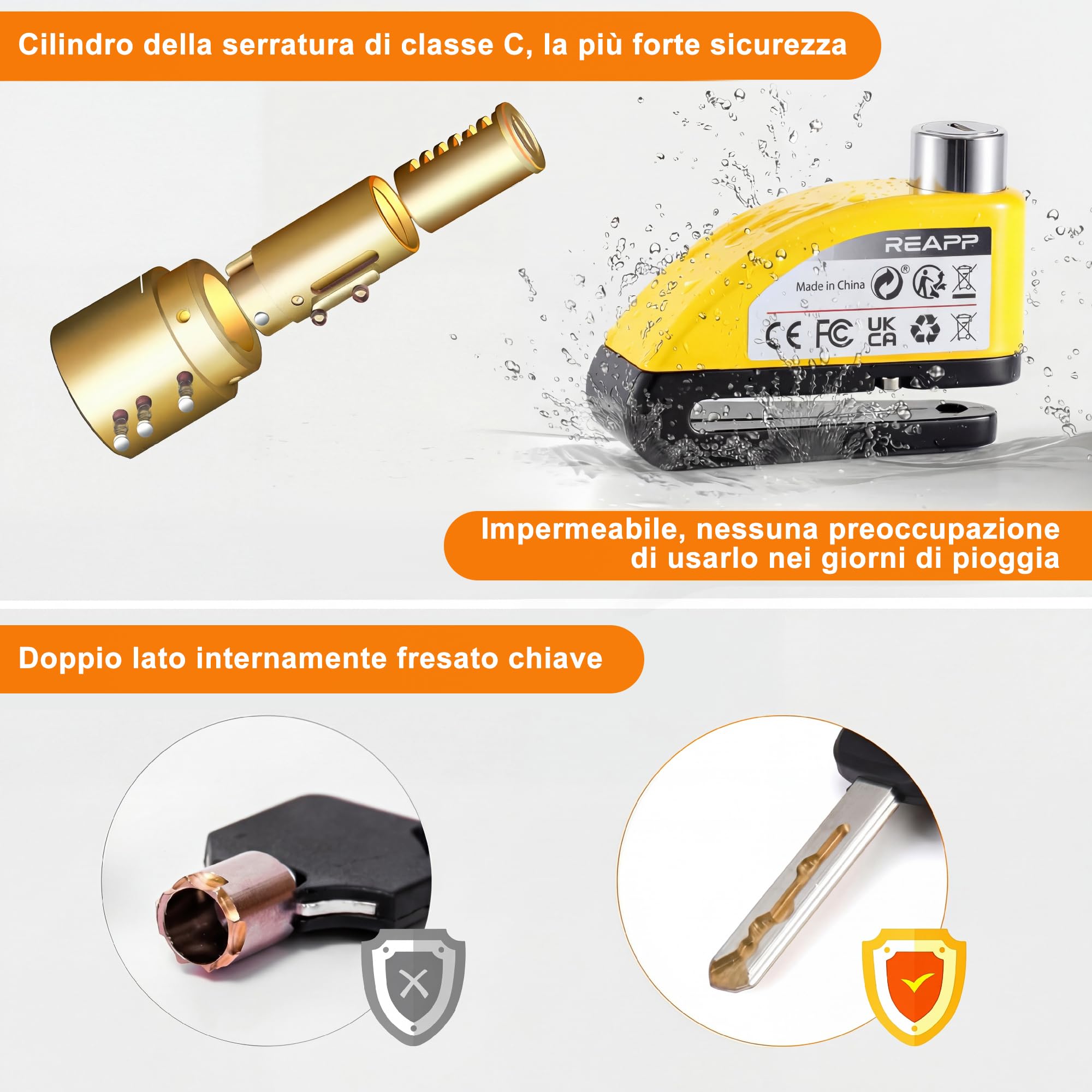 REAPP Bloccadisco Moto Lucchetto Moto Antifurto con Allarme Sonoro 110DB, Blocca disco Protezione Antifurto per Bici Motorino Moped Motocross, Accessori con 2 chiavi und 1.5m Reminder