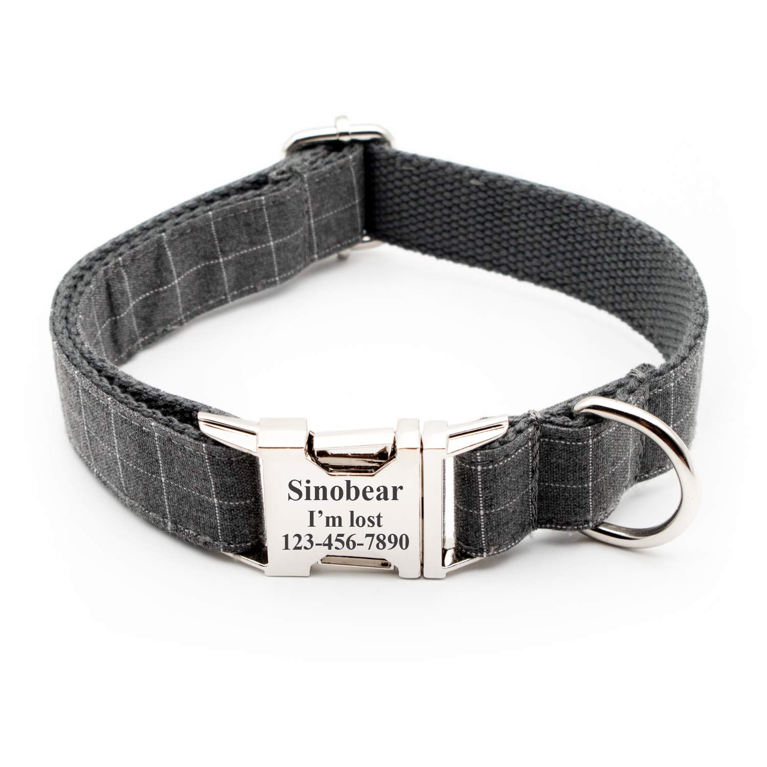 Personalized Dog Collar, Classic Custom Engraved Collar with Customized Text (Size XS S M L XL) (Gray Plaid)