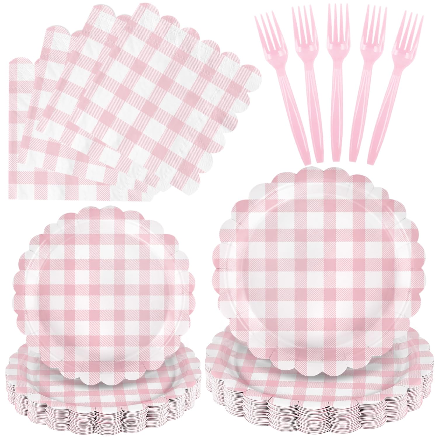 Photo 1 of 100 Pcs Pink Gingham Party Supplies - Disposable Light Pink Scalloped Plates, Napkins, Forks for Wedding Bridal Shower Birthday Baby Shower, Serves 25