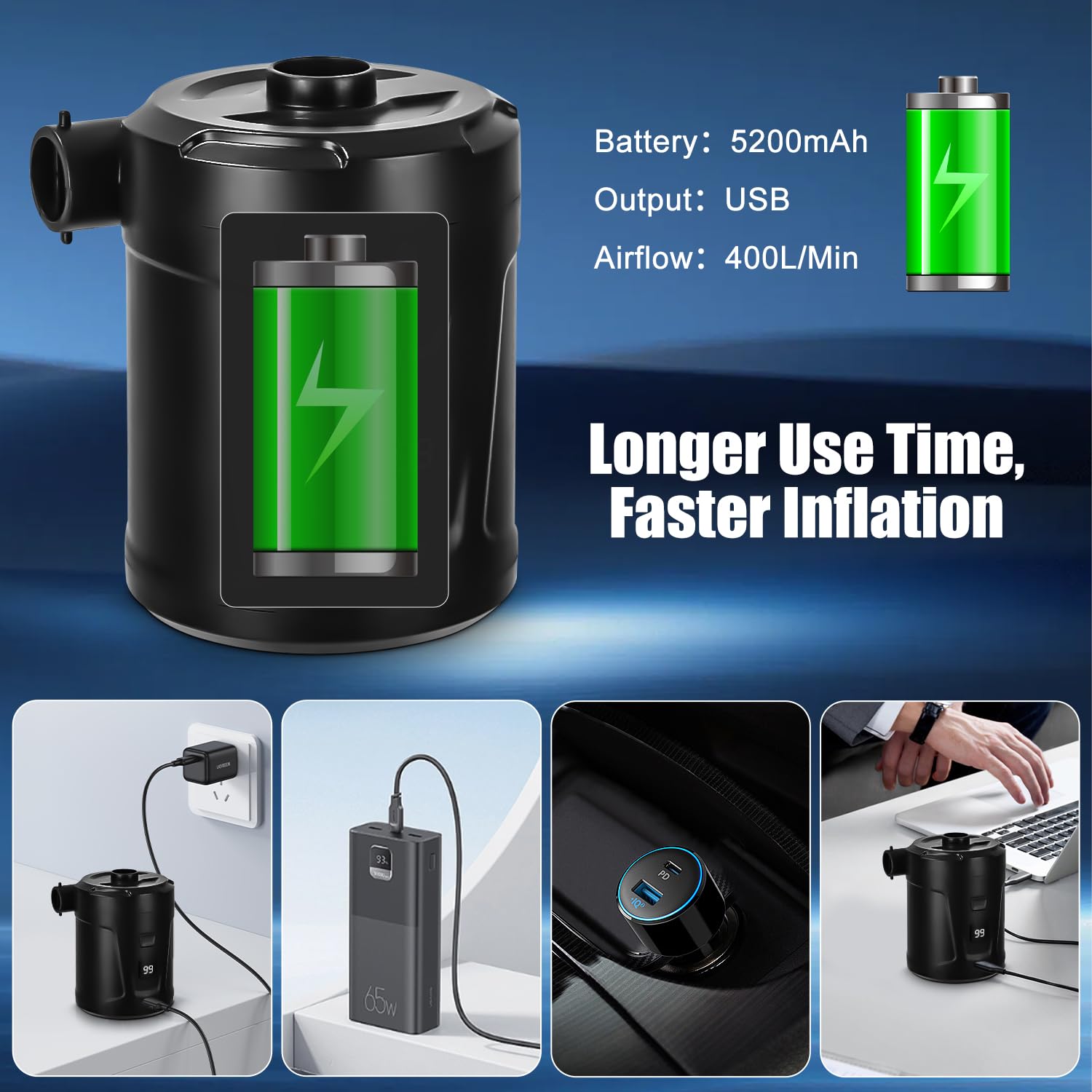 Pompe à air électrique sans fil, 5200 mAh, noire, 4000 Pa