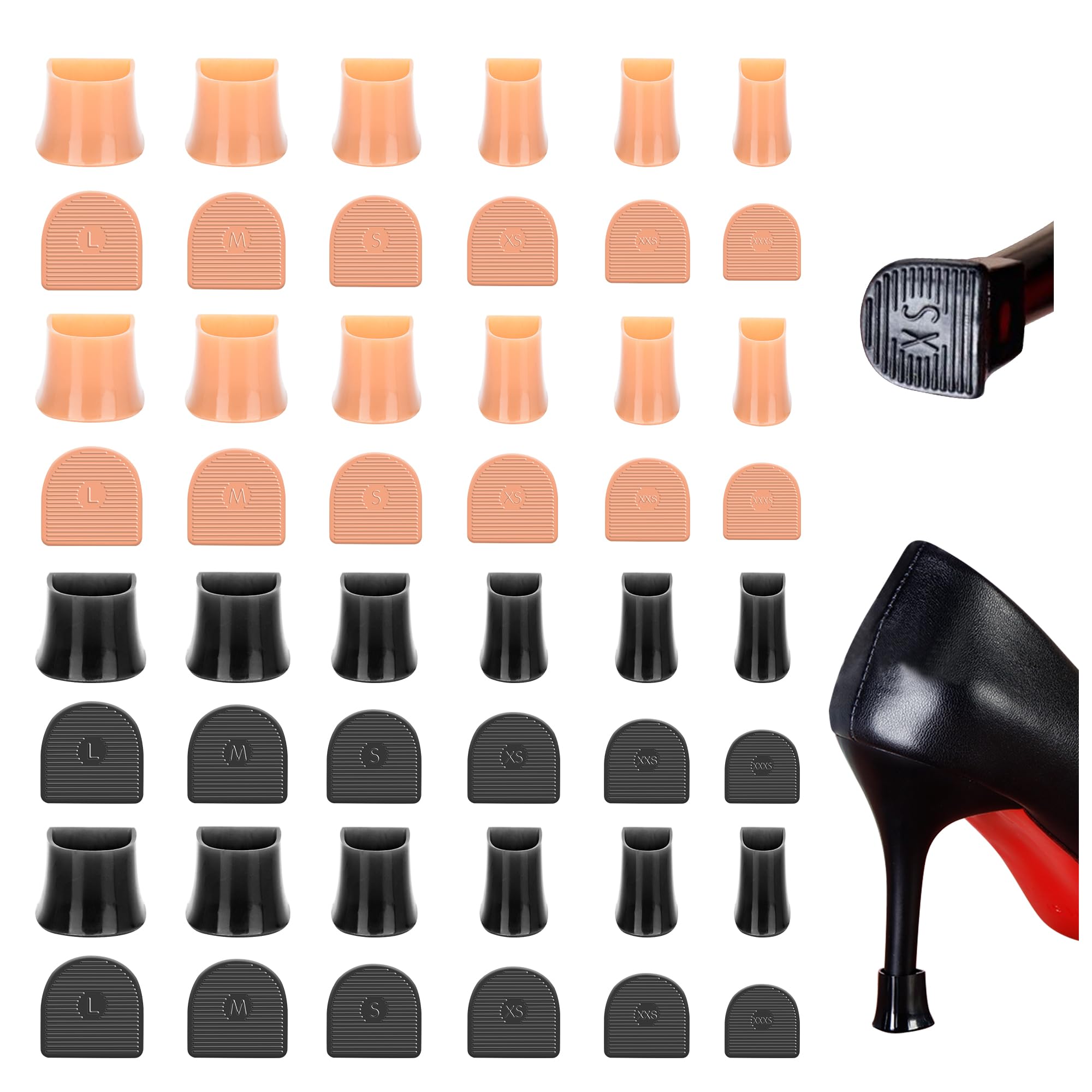 6 Sizes Heel Protective Heel Caps,High Heel Protectors Tip Covers, Noise Reducing Non-Slip Heel Caps for High Heels,Perfect for Weddings, Races (12 Pairs Apricot/ 12 Pairs Black)