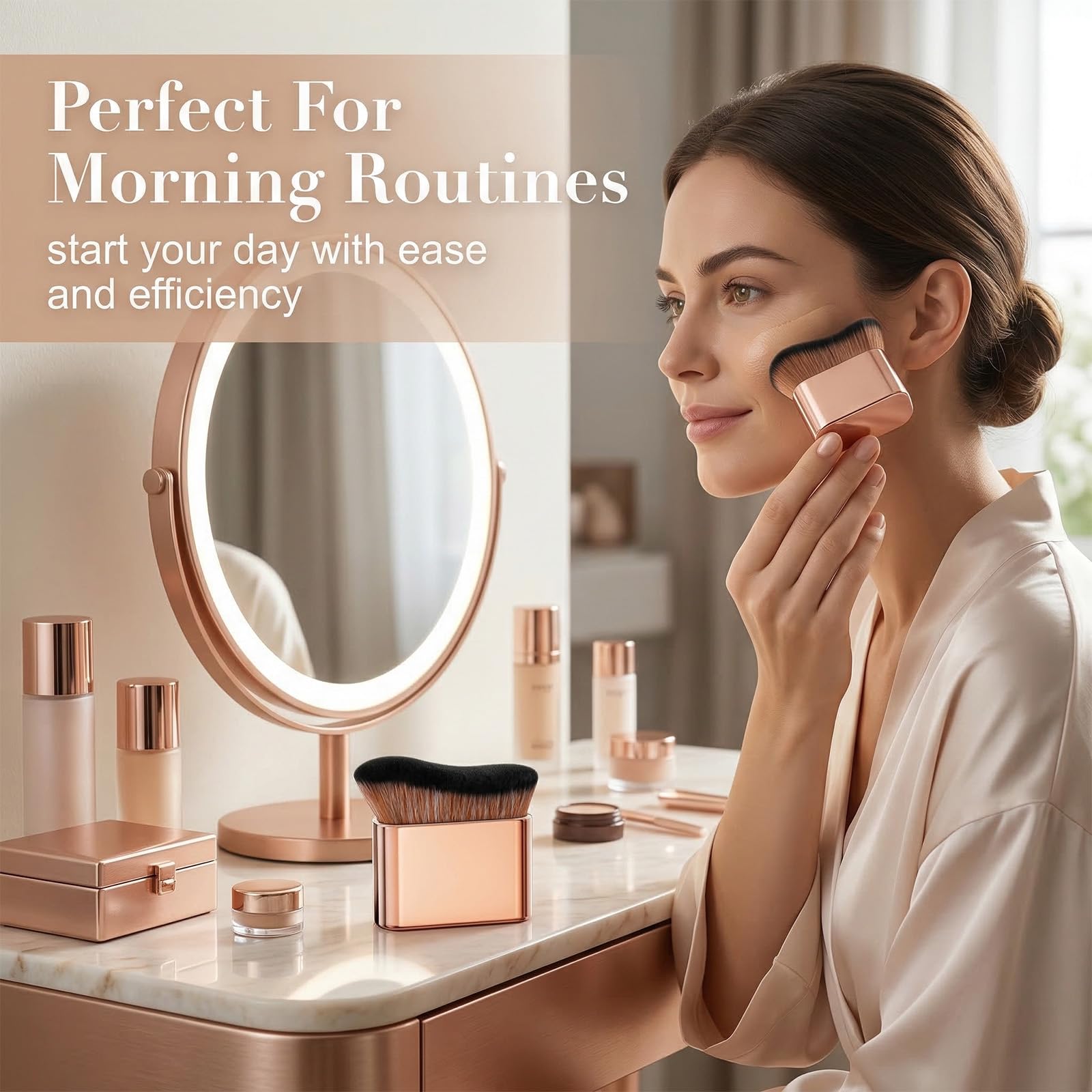1 Pennello per Fondotinta Ondulato in Rosa Oro, Pennello Autoabbronzante e Bronzer Professionale per Viso e Corpo, Applicatore Ergonomico ad Alta Densità