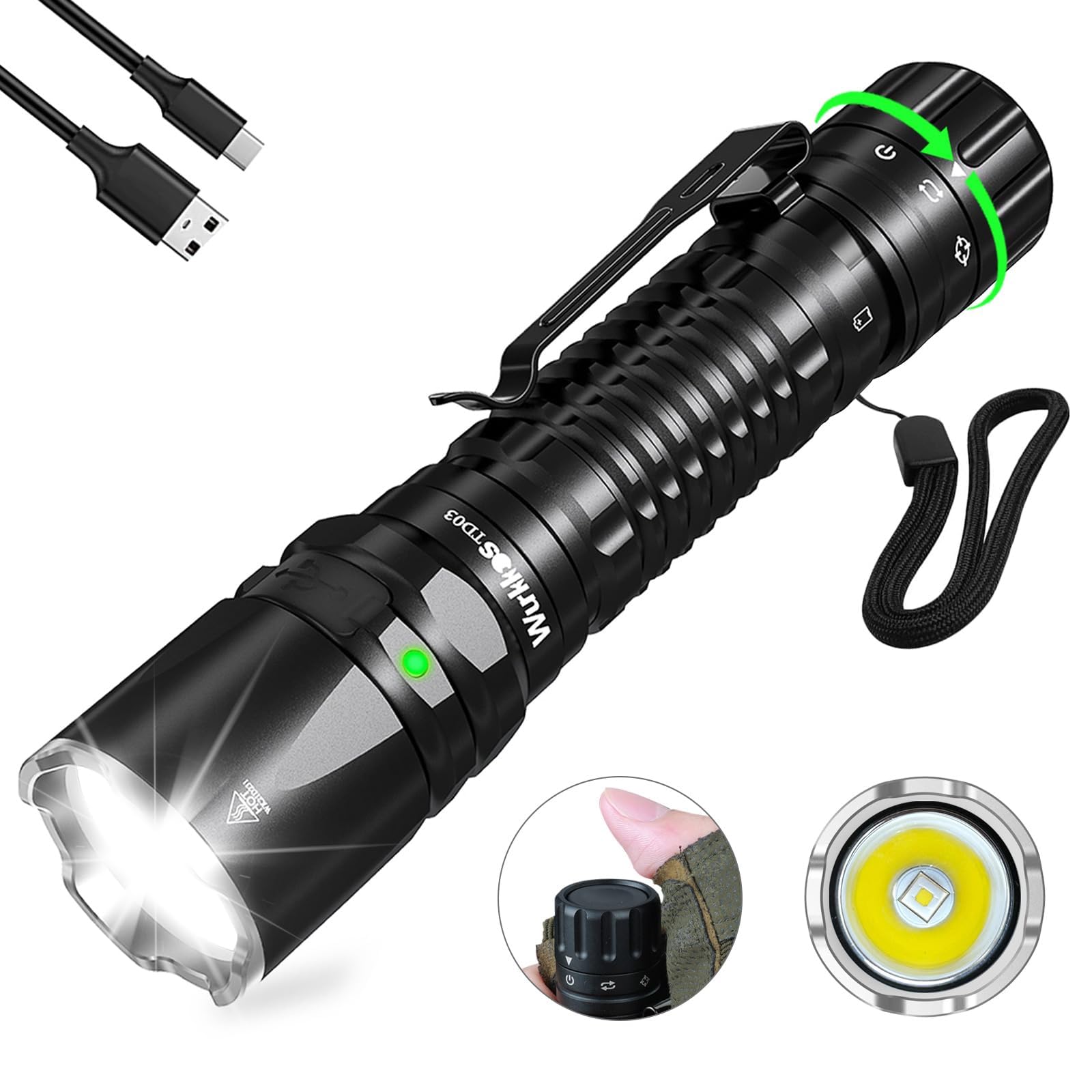 Wurkkos LED Tactical Flashlight Rechargeable - TD03 Flashlight Extremely Bright 1800 Lumens 353M Largest Range Rear Rotary Switch One Key Flash IP68 - Flashlight for Outdoor Indoor Activities