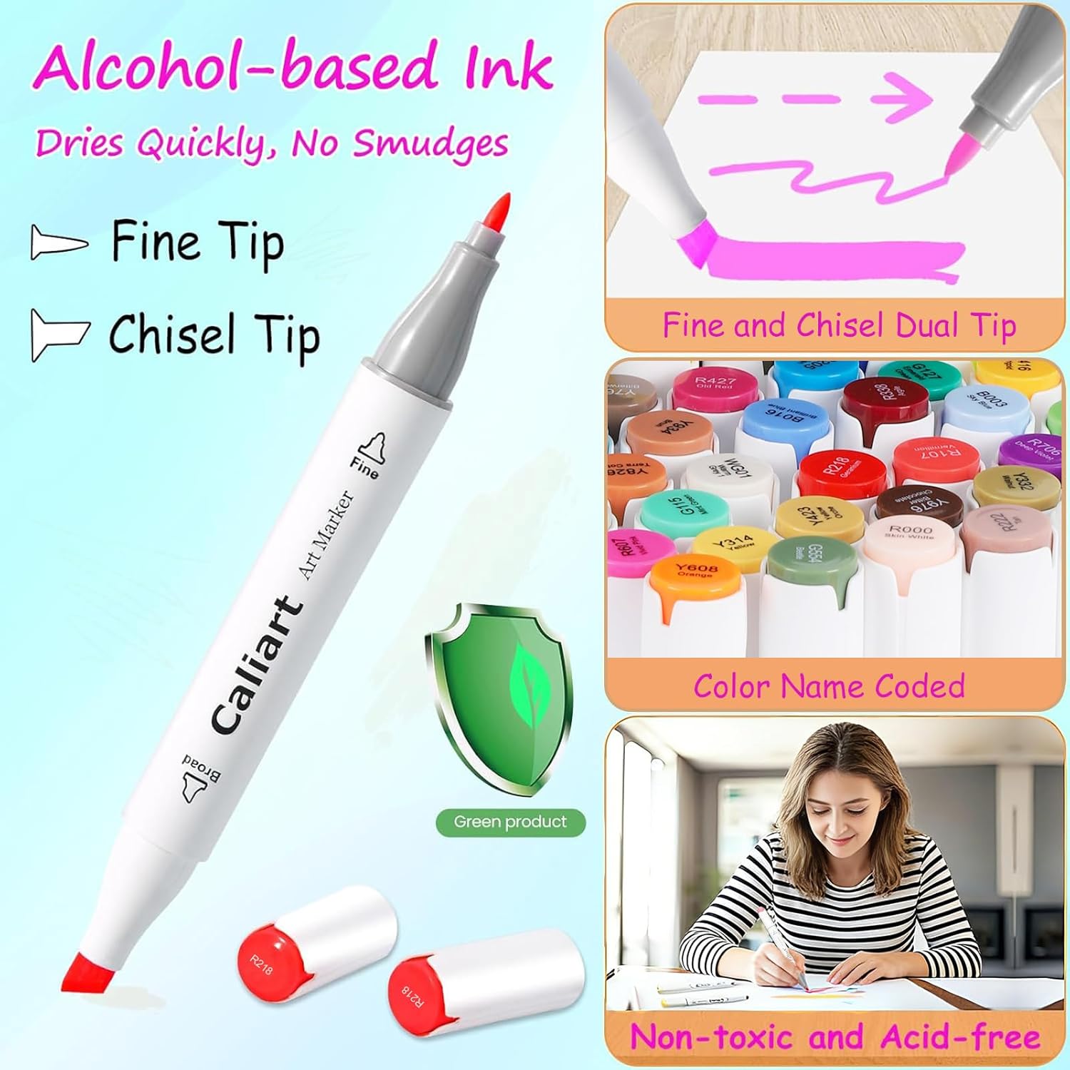Caliart Alcohol Based Markers, 52 Colors Art Marker Set Fine & Chisel Dual Tip, Permanent Colored Pens for Adults Artists Coloring Book Illustration Sketch Lettering Drawing Cards Planner