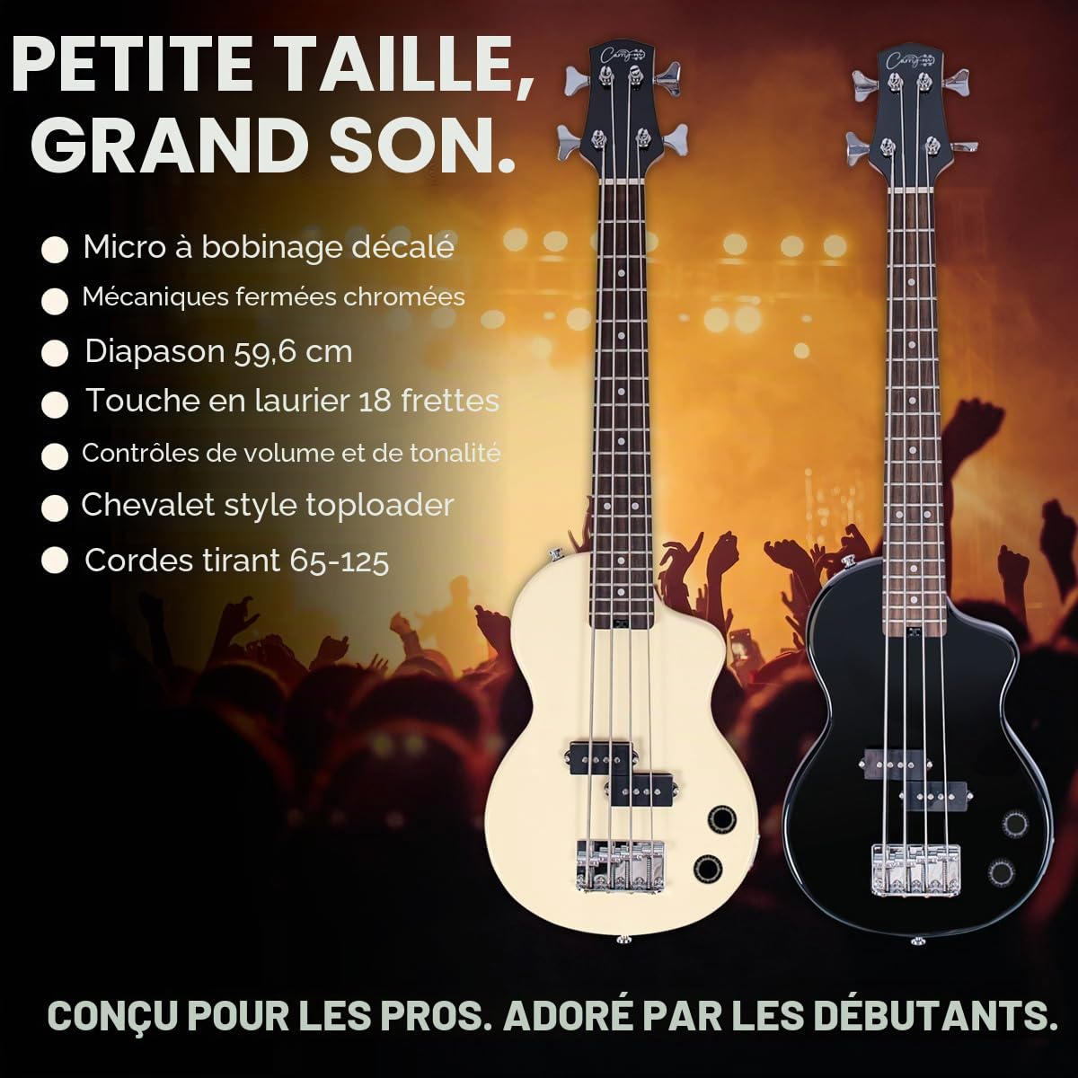 Carry-on By Blackstar Mini-Guitare Basse Electrique, Parfait pour les Enfants et les Adultes, les Débutants et les Voyages Classique Blanc