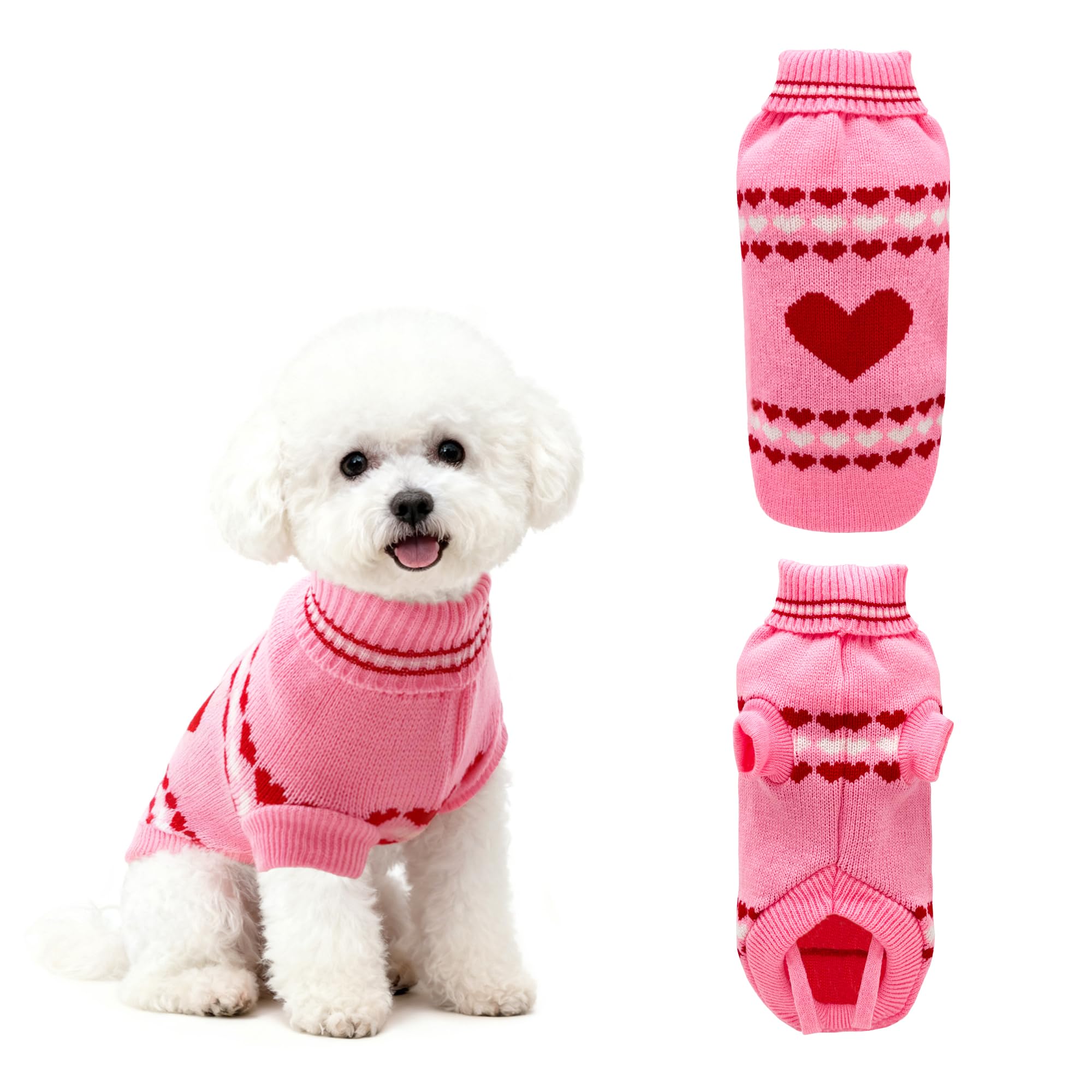PawSailor Extra Small Knitted Dog Jumper Turtleneck Valentines Dog Heart Jumpers Warm Soft Puppy Pullover Winter Dogs Clothes for Kitten, Small Puppy like Chihuahua, Toy Poodle, Pink XS