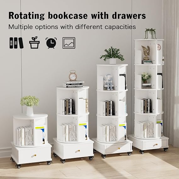 Rotating Bookcase Standing Shelf 360° Freely Rotatable Bookcase Living Room Bedroom 4-Layer Book Shelf with Fabric Drawer and Wheels Bookcase White 40 x 40 x 147 cm